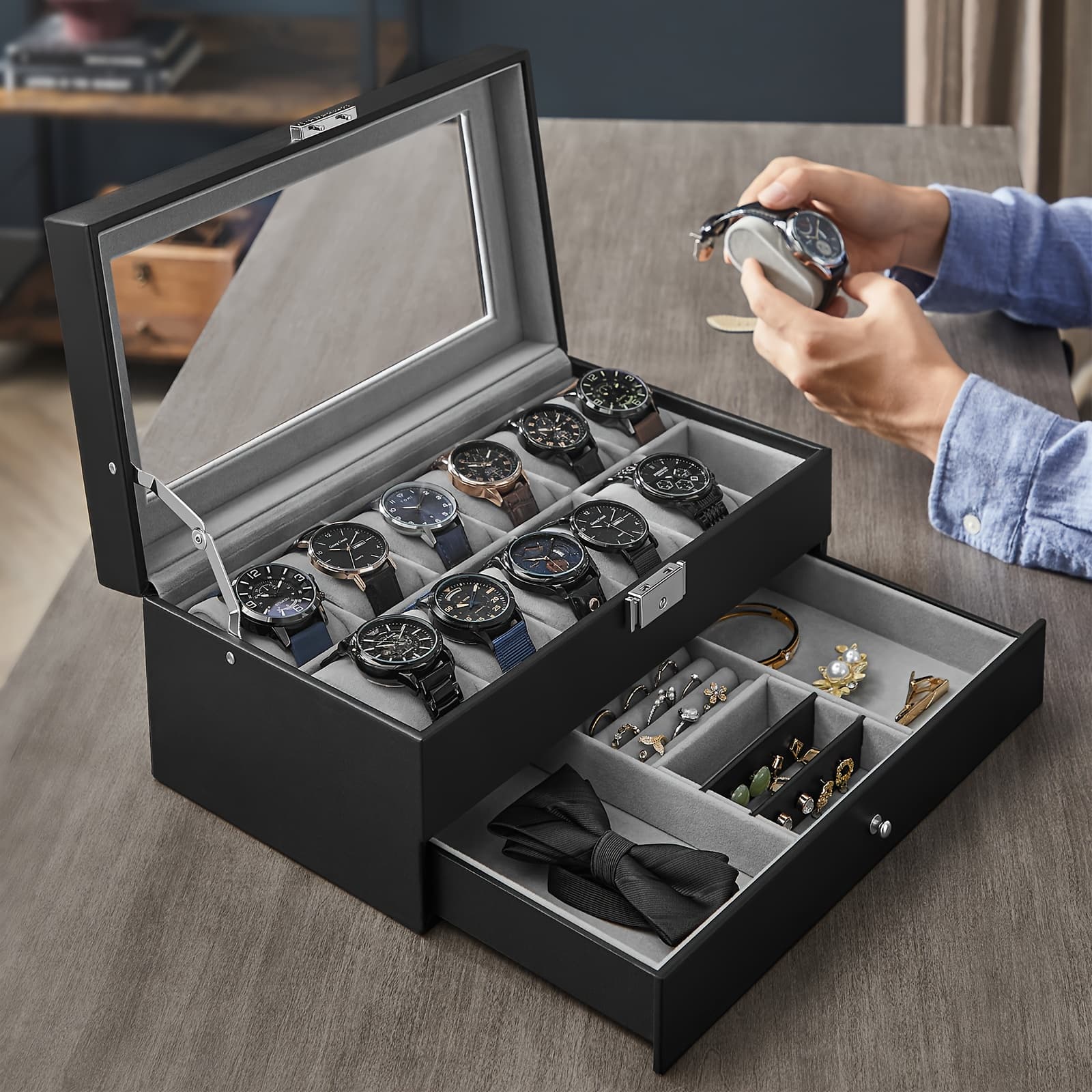 TEMU 12-slot Watch Box, Lockable Watch Case With Glass Lid, 2 Layers, Black Synthetic Faux Leather, Gray Lining