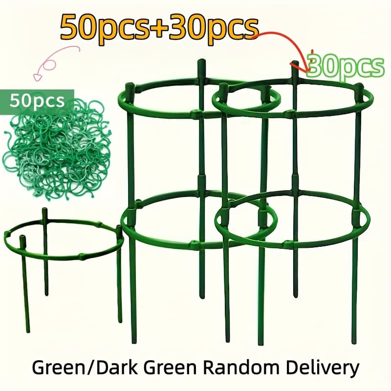 TEMU 80pcs Plant Support Set - 30 Stackable Plant Rings & 50 Garden Clips For Tomatoes, Vines, Peonies | Reusable Adjustable Plant Cages, Trellis Clips (green/dark Green)