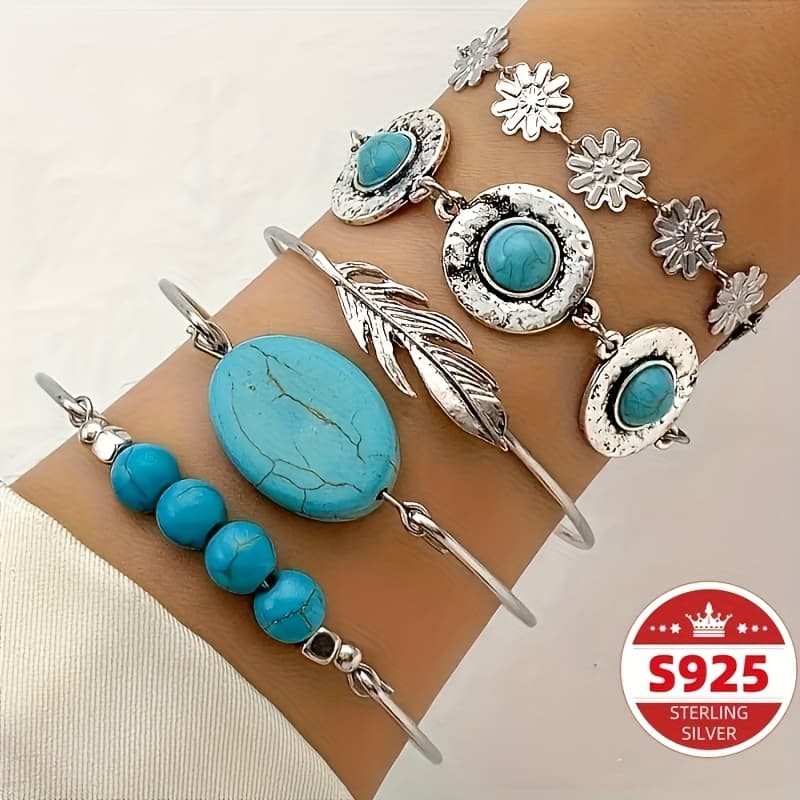TEMU 5pcs S925 Sterling Silver Daisy Turquoise Bracelet Set - Fashionable Bohemian Style - Intricate Design - Female Accessory - Perfect Gift For Her