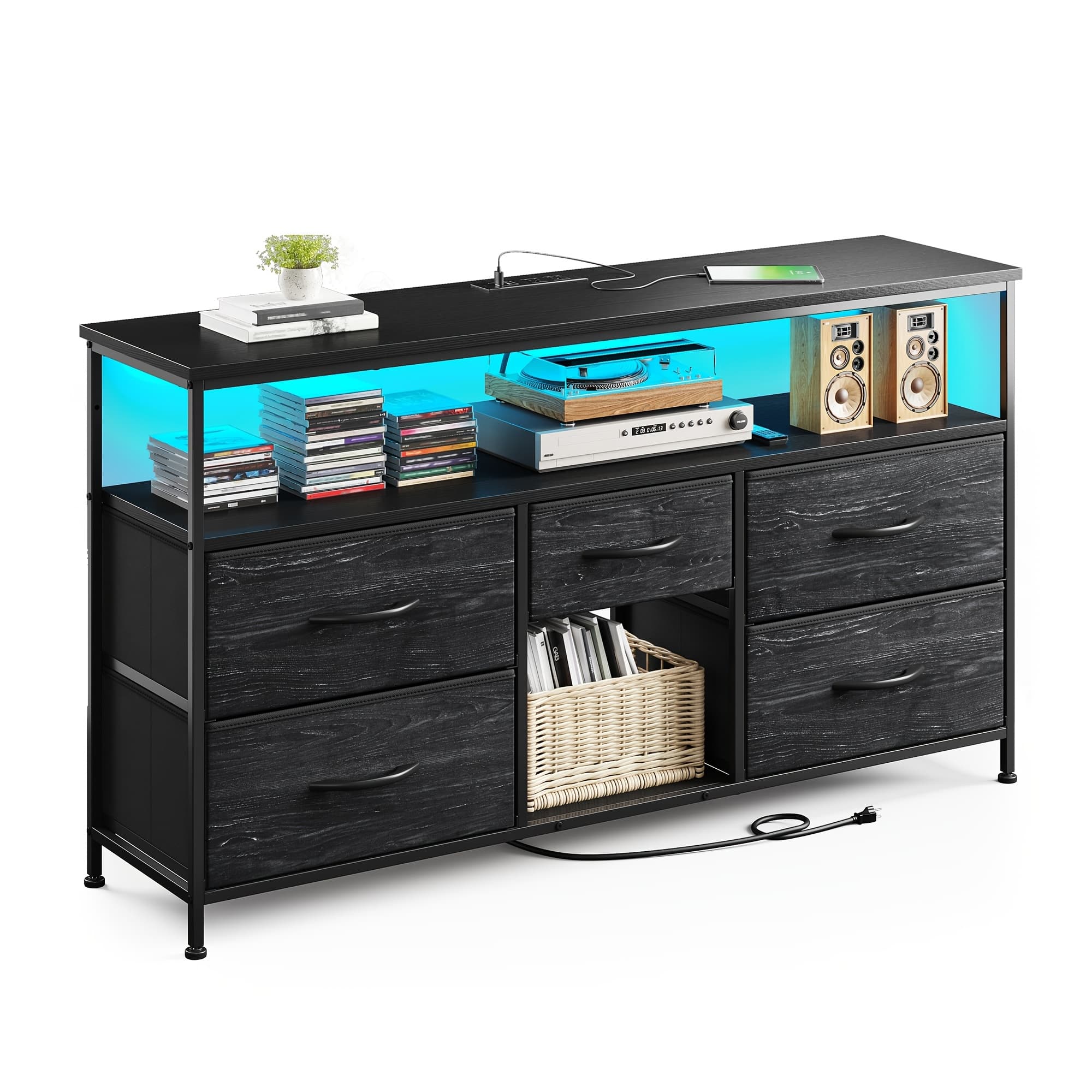 TEMU Tv Stand Dresser With 5 Drawers, Tv Stands Entertainment Center For 50 Inch Television, Media Console Table With Power Outlets And Led Lights, Office Lockers, Open Shelf, Living Room