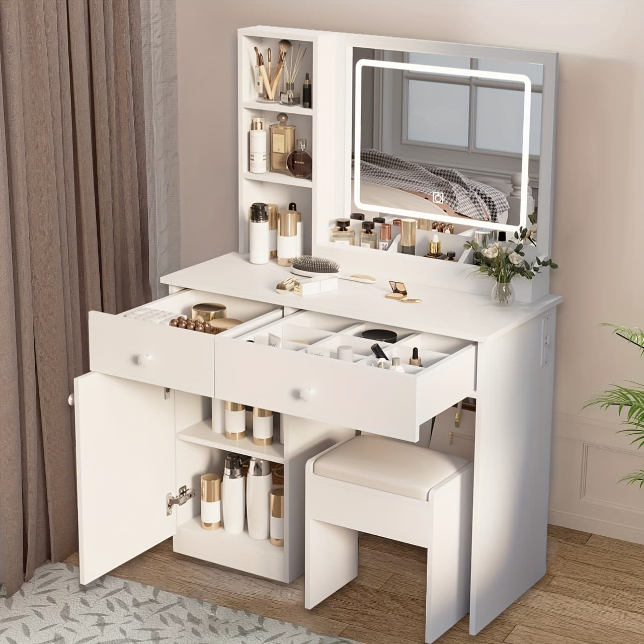 TEMU Fashion Vanity Desk With Mirror And Lights For Makeup With Open Shelves And Chair, Vanity Mirror With Lights And Table Set, 2 Drawers,