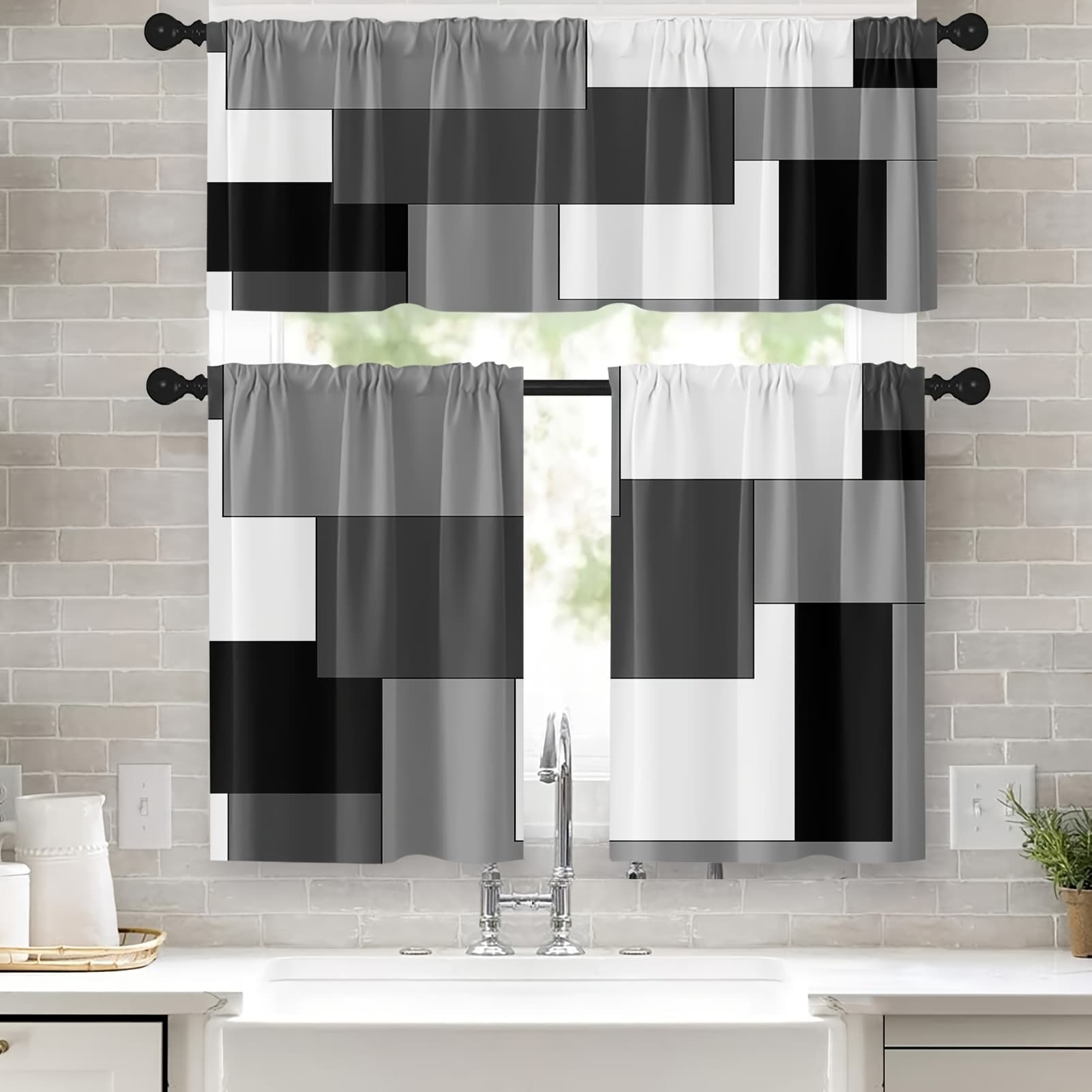 TEMU 3pcs Black Grey Kitchen Window Curtains Valance And Tier Set 36 Inch, Dark Grey White Modern Rod Pocket Short Tier Curtain For Bathroom, Abstract Small Cafe Drapes For Kitchen Decor