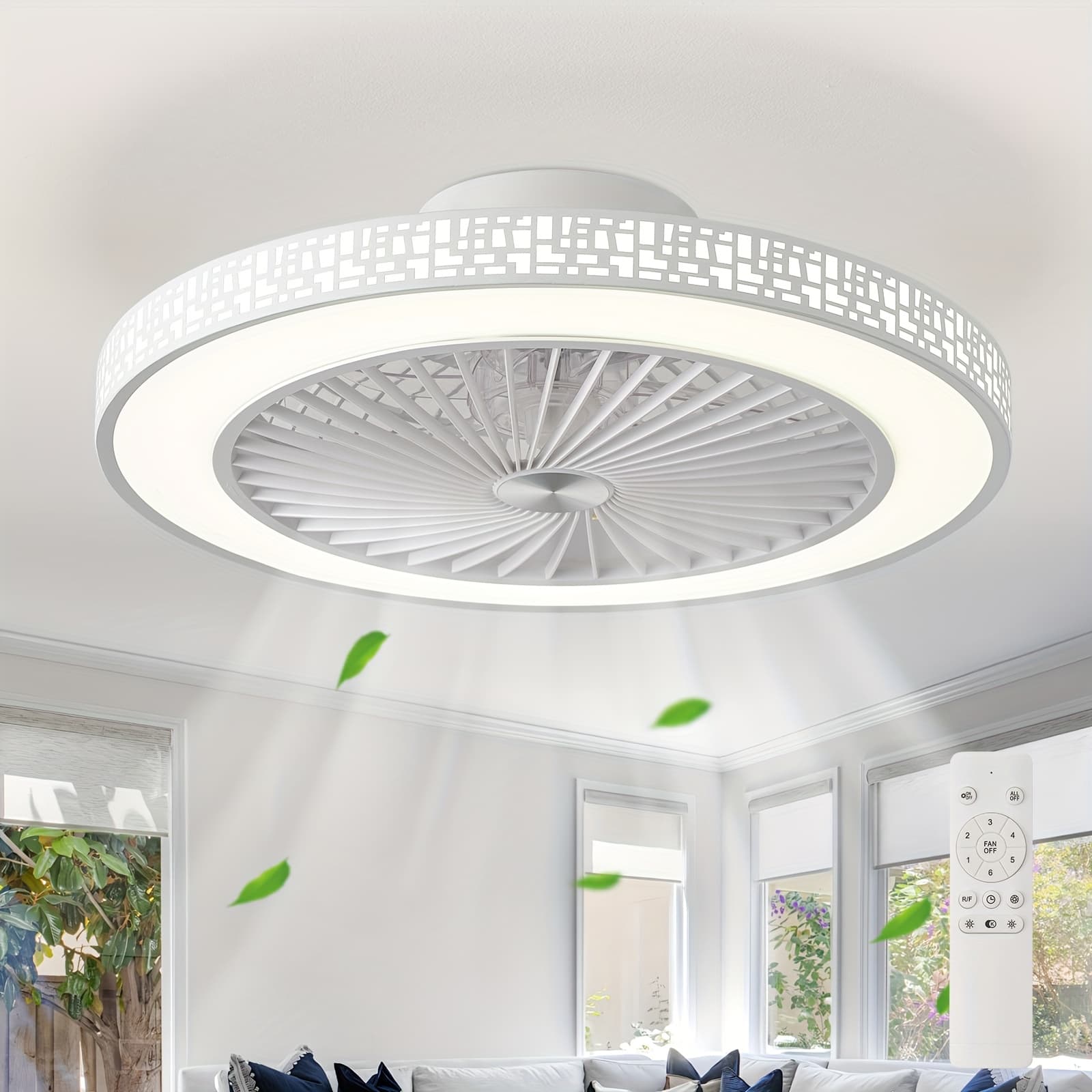 TEMU Modern Ceiling Fan With Lights, Dimming Led 3 Color Temperatures 6 Wind Smart Timing Ceiling Fan Light With Remote Control, Low Profile Flush Mount Enclosed Ceiling Fan Light