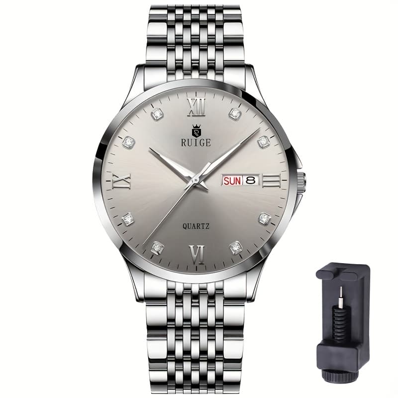 TEMU Ruige Men's Quartz Watch Stainless Steel Luxury Night Watch With Week Calendar Fashion Casual Watch Mens Christmas Gifts