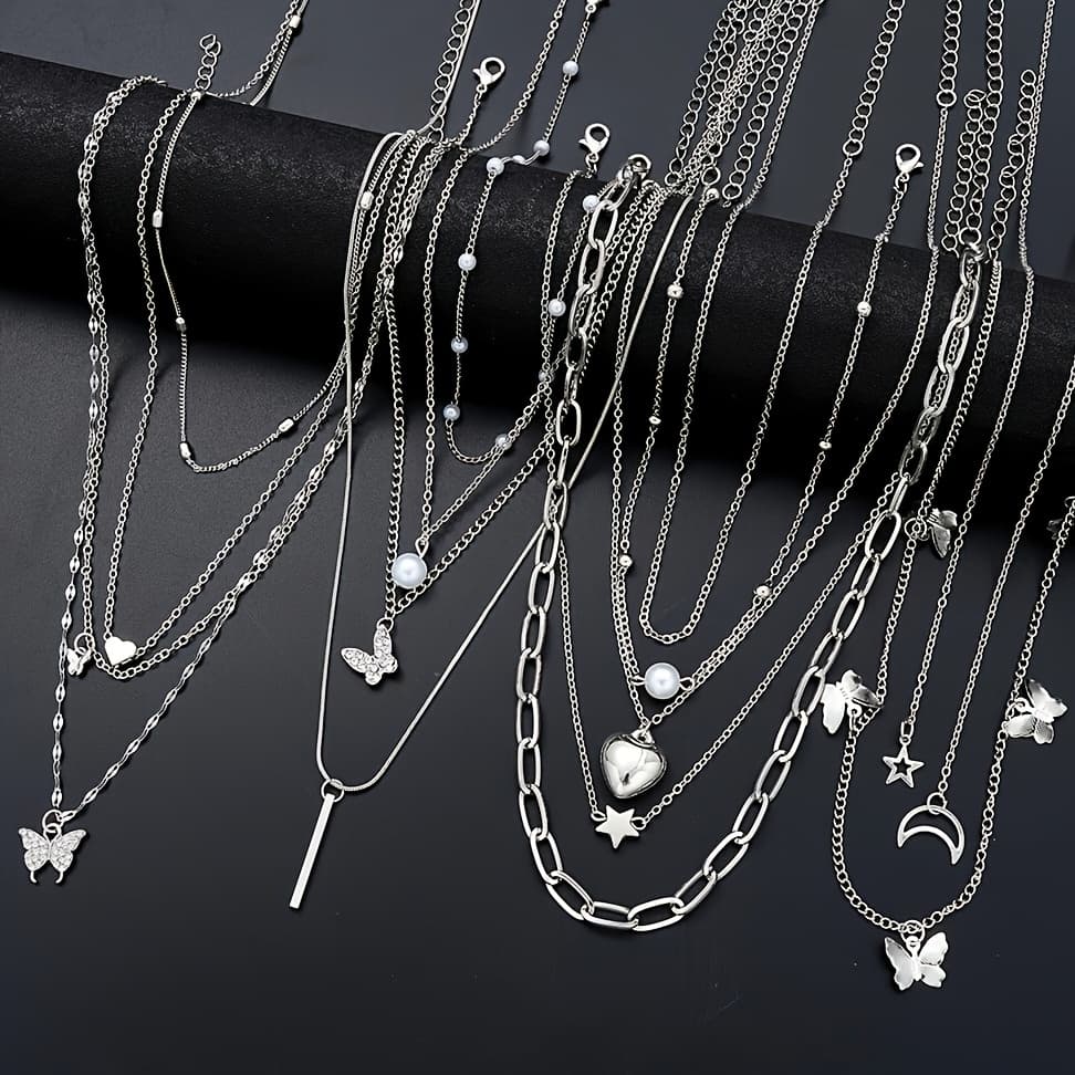 TEMU 14pcs Women's Fashion Chain Necklace Set, Simple Elegant Heart Moon Y-shaped Pendant Necklaces For Ramadan Valentine's Day Gifts Daily Date Vacation Party