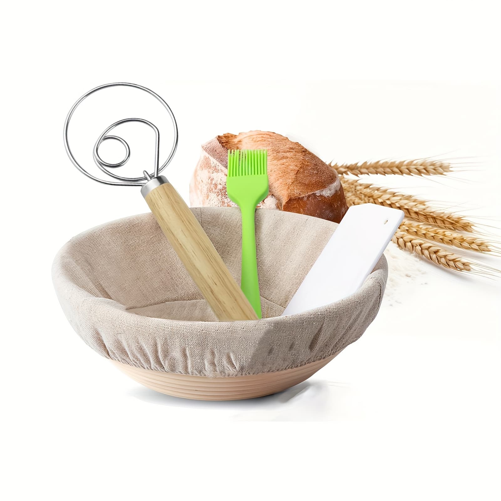 TEMU Sourdough Proofing Basket " Round Rattan - Includes Bread Dough Scraper, Cloth Liner, Dough Whisk, Silicone Basting Brush - Perfect For Baking