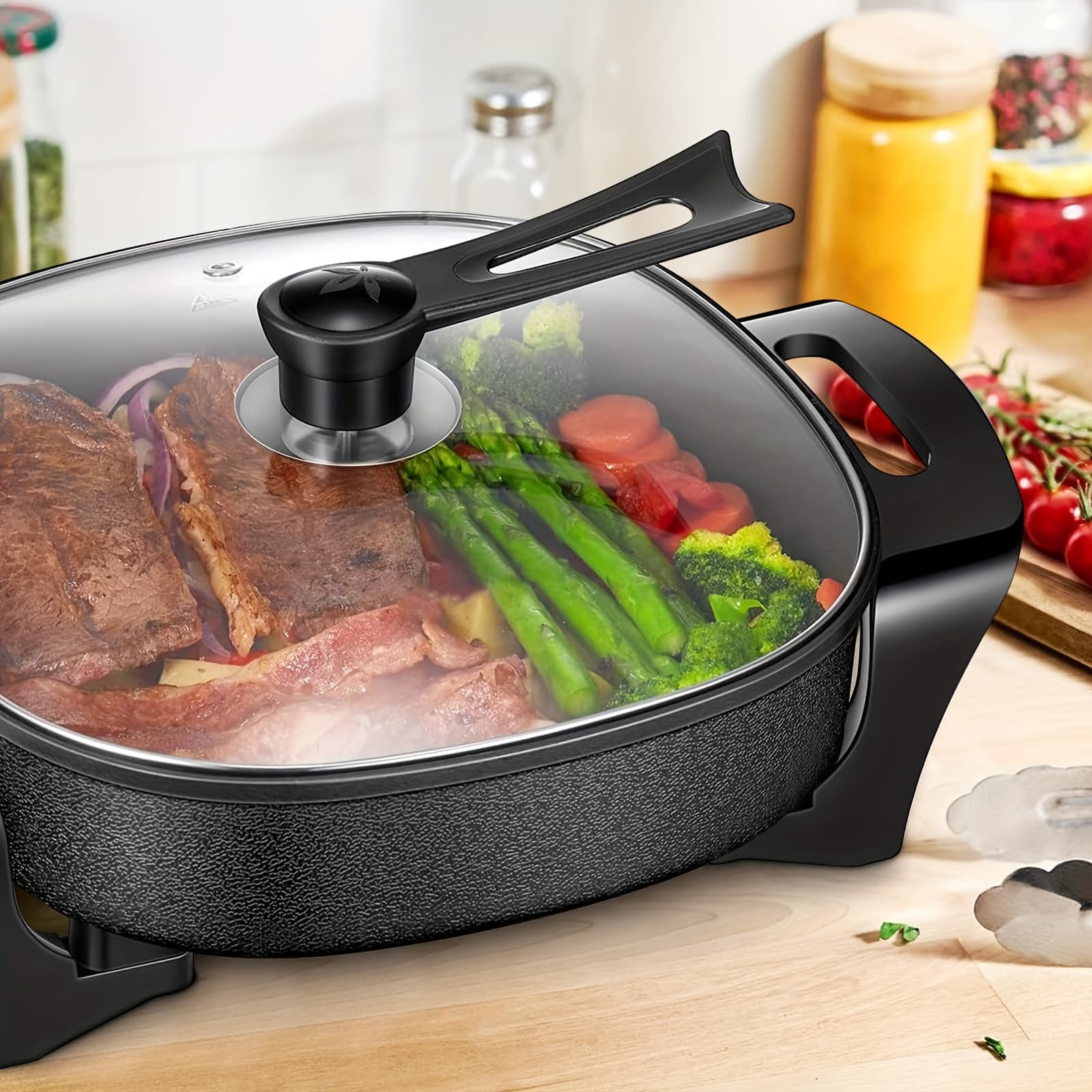 TEMU Electric , 12 Inch Deep Non Stick Electric Frying Pan With Glass Lid, 3 Marked Heating Levels, Heat Resistant Handles And Coating Easy To Clean, 1360w