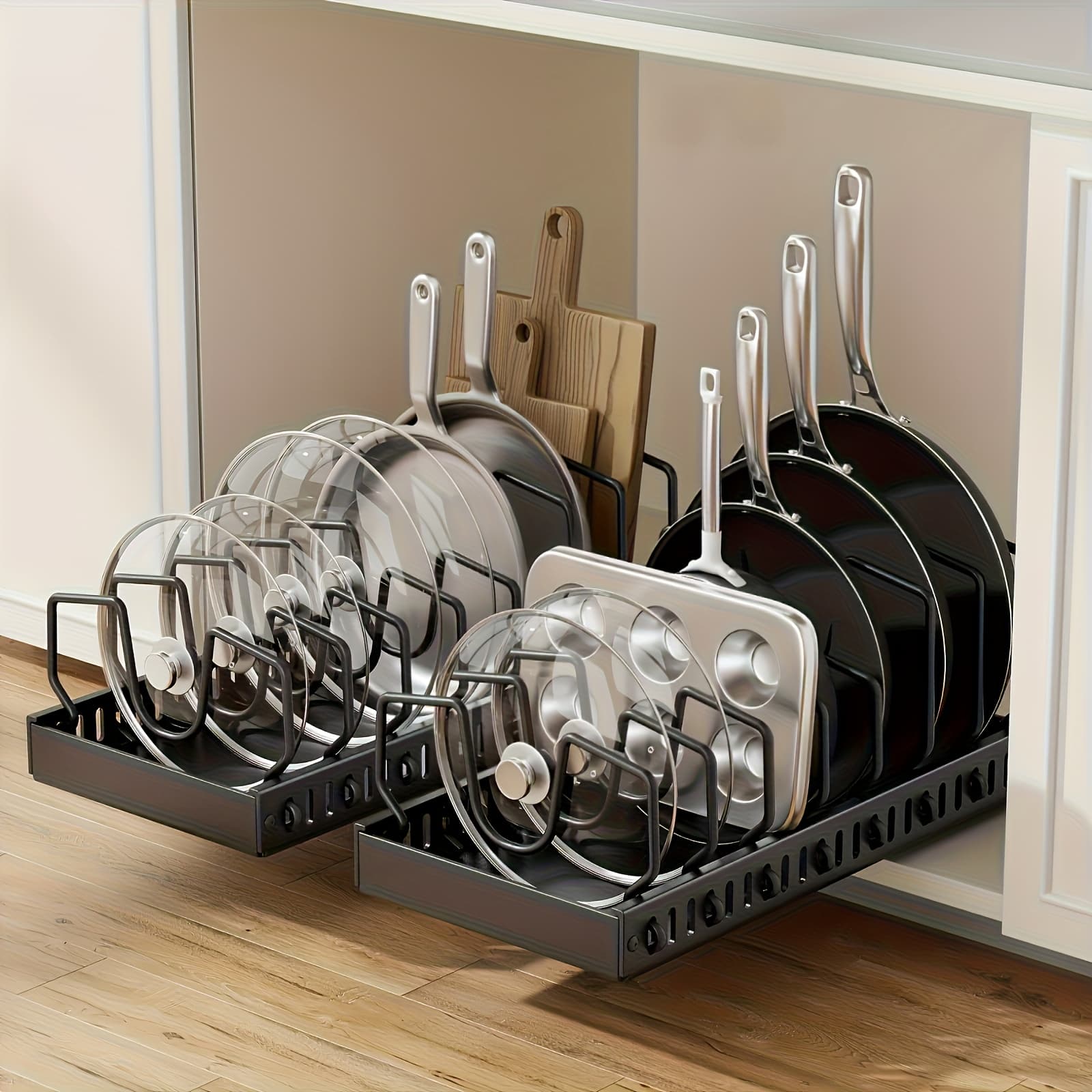 TEMU Cabinet Pull-down Pot And Pan Organizer, Sliding Pot Lid Racks And Pan Racks , In-cabinet Sliding Organizer For Pot Lids, Bakeware, And Plates, 8 Adjustable Dividers, 1/ 2pcs Set