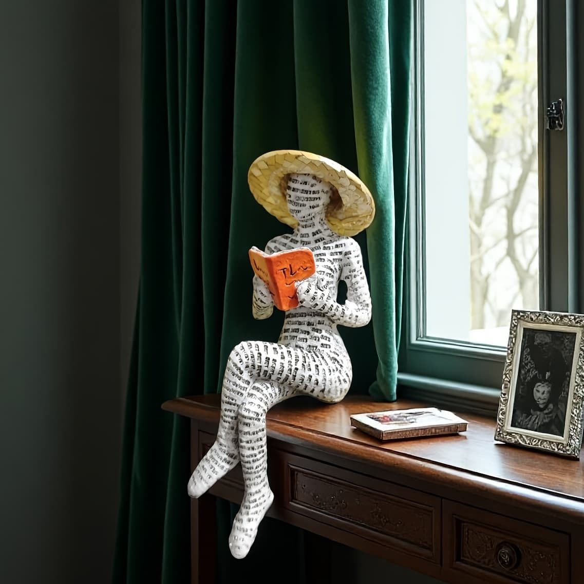 TEMU Newsprint Pattern Reading Girl Figurine! Creative Dangling Sitting Design, Artistic Resin Craft, For Study/bookshelf Decor