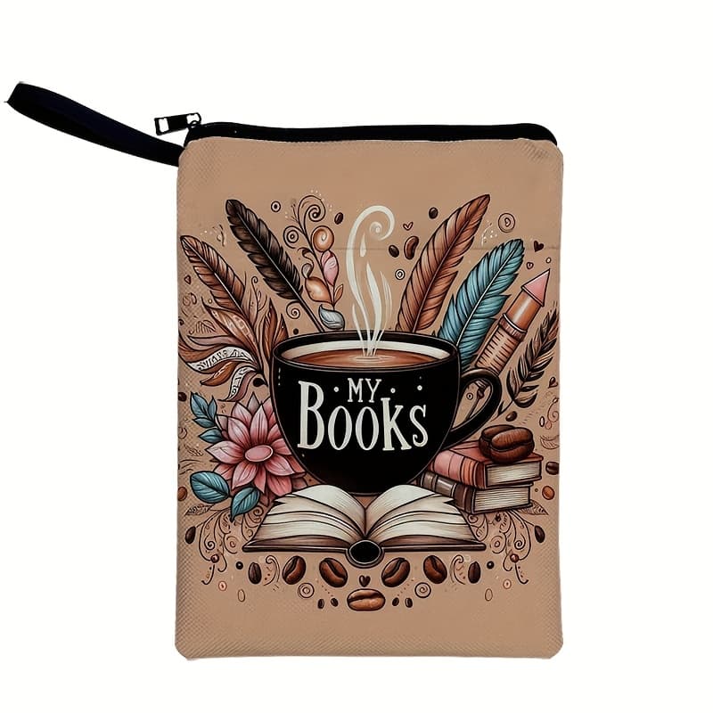 TEMU Book Cover"drink Coffee And Read Books" Letter Print Pattern Book Cover Double-sided Printed Book Cover Zipper Design With Pockets On For Gifts For Students, Teachers And Book Lovers