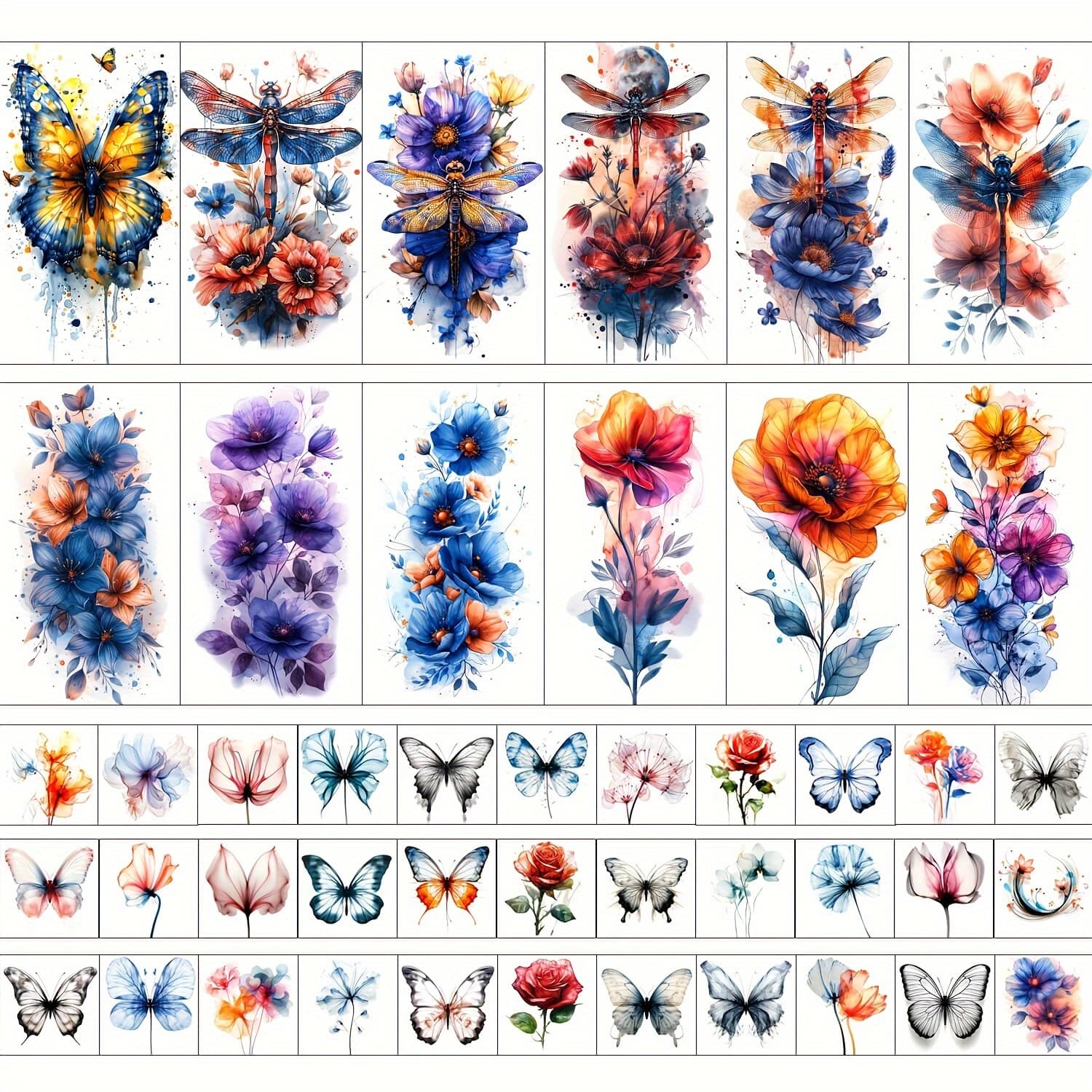 TEMU Valentine's Day 12 Large Size + 33 Small Size Women's Watercolor Tattoo Stickers, Flower, , Dragonfly Design, 3d