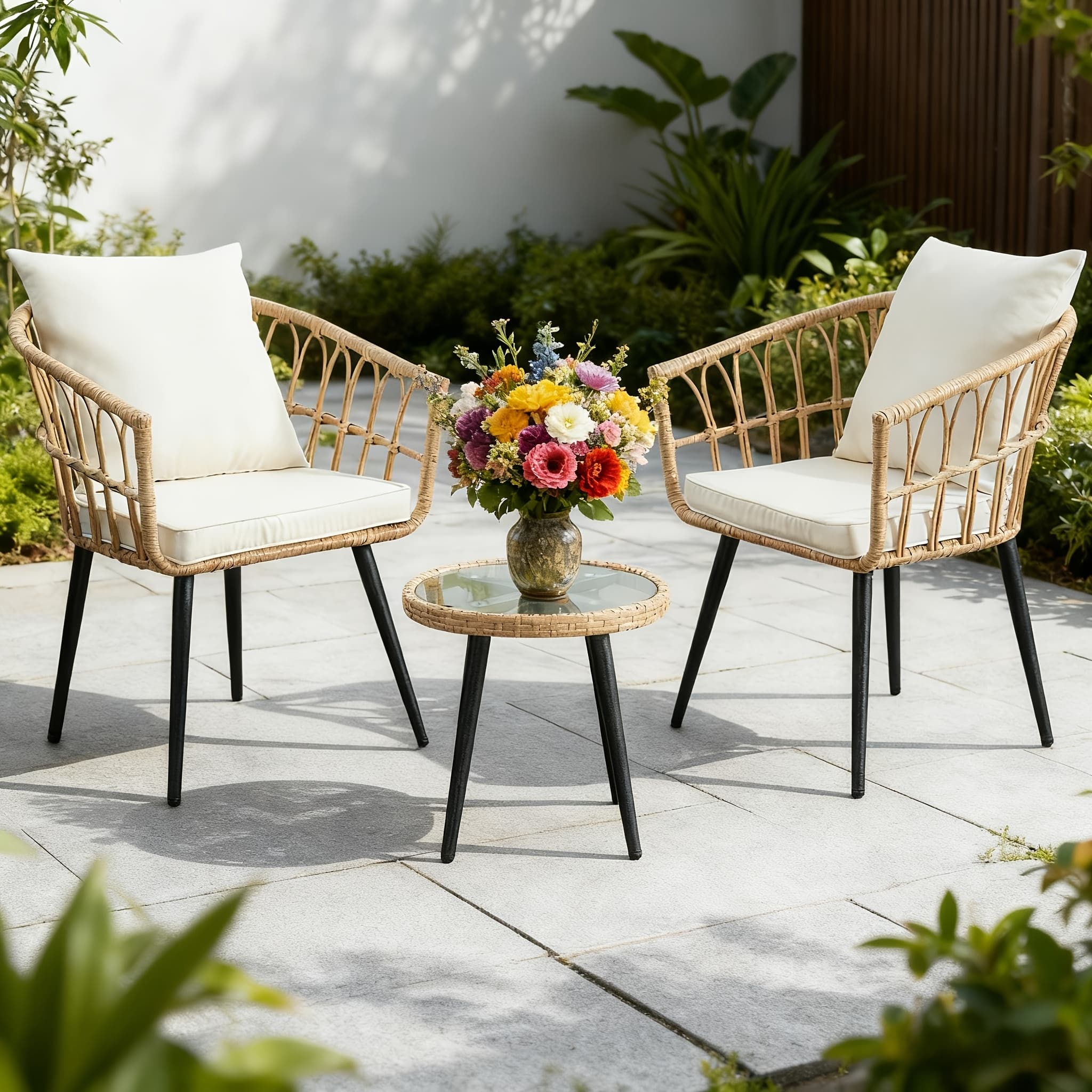 TEMU Rattan Set | Outdoor Balcony Furniture, Table And Chair Set, Suitable For Porch Backyard Patio, Yellow/beige