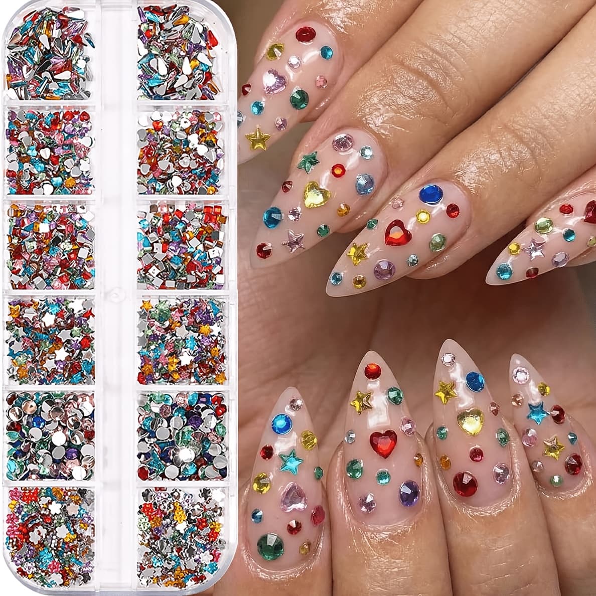 TEMU 12grids Colorful Rhinestones Nail Charms Multi-shape Art Charms 3d Flatback Mini Nail Rhinestones Heart Nail Gems Cute Nail Jewelry Supplies For Women