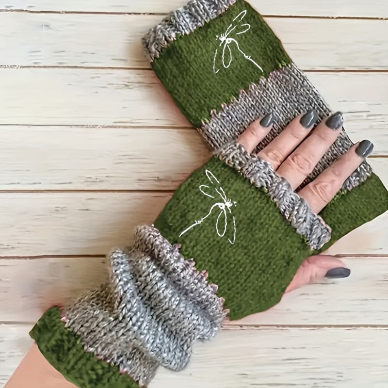 TEMU Autumn And Winter New Dragonfly Embroidery Color Block Contrast Color Mittens