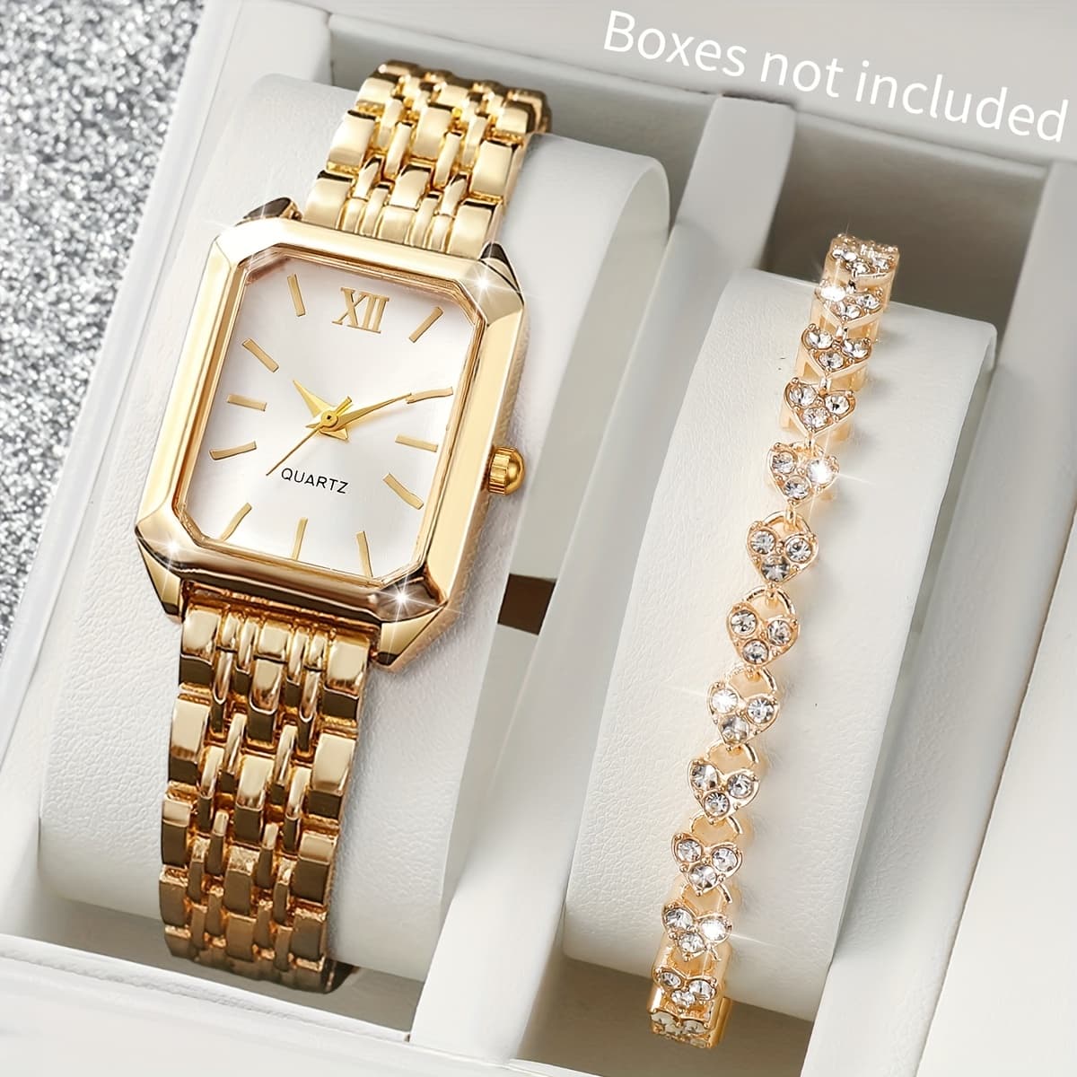 TEMU 2pcs Set Women's Golden-tone Roman Numeral Quartz Watch & Matching Bracelet Set - Elegant Square Bezel Dial, -accented Hands, Alloy Case &, Watch Kit For Wedding,, Anniversary Gift