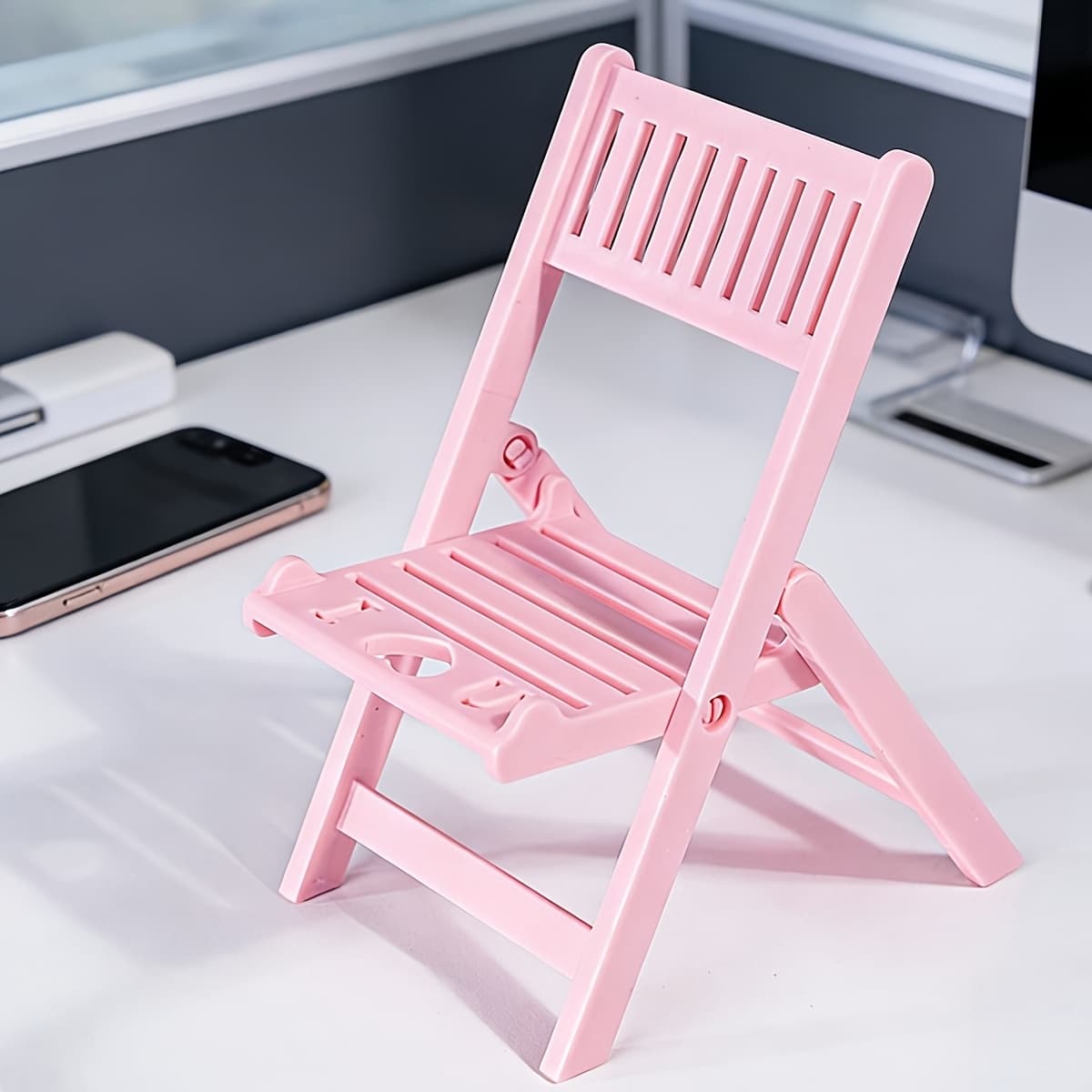 TEMU Cute Chair Shape Phone Holder Mini Plastic Desk Stand Universal Anti-slip Mobile Phone Bracket For Home Office Desktop Decoration