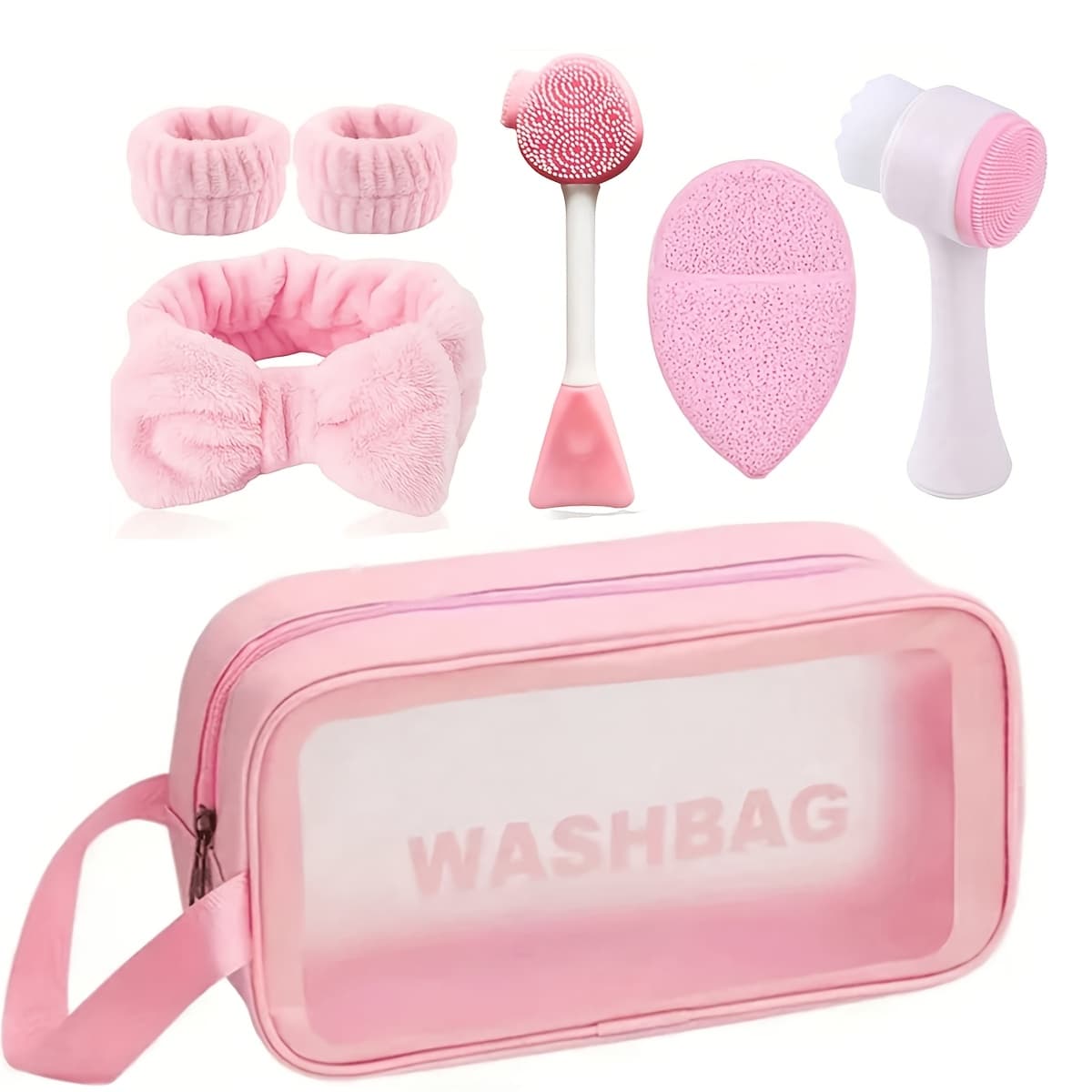 TEMU 7pcs Facial Cleansing Set, Deep Cleansing Beauty Spamask Brush Set, Soft Velvet Headband, Hair Tie Set, Gentlescrub Brush, Detailing Facial Brush, Portable Skincare Tool With Wash Bag For Women