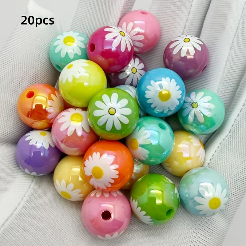 TEMU 20pcs Of 16mm Acrylic Colored Daisy Printed Loose Beads, Bulk Spacer Beads For Bracelet And Necklace Making, Holiday Gift Material Kit
