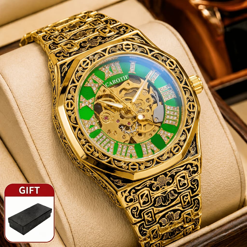 TEMU 1pcss Men's Steel Belt Retro Style Classical Carving Automatic Mechanical Watch, Without Battery
