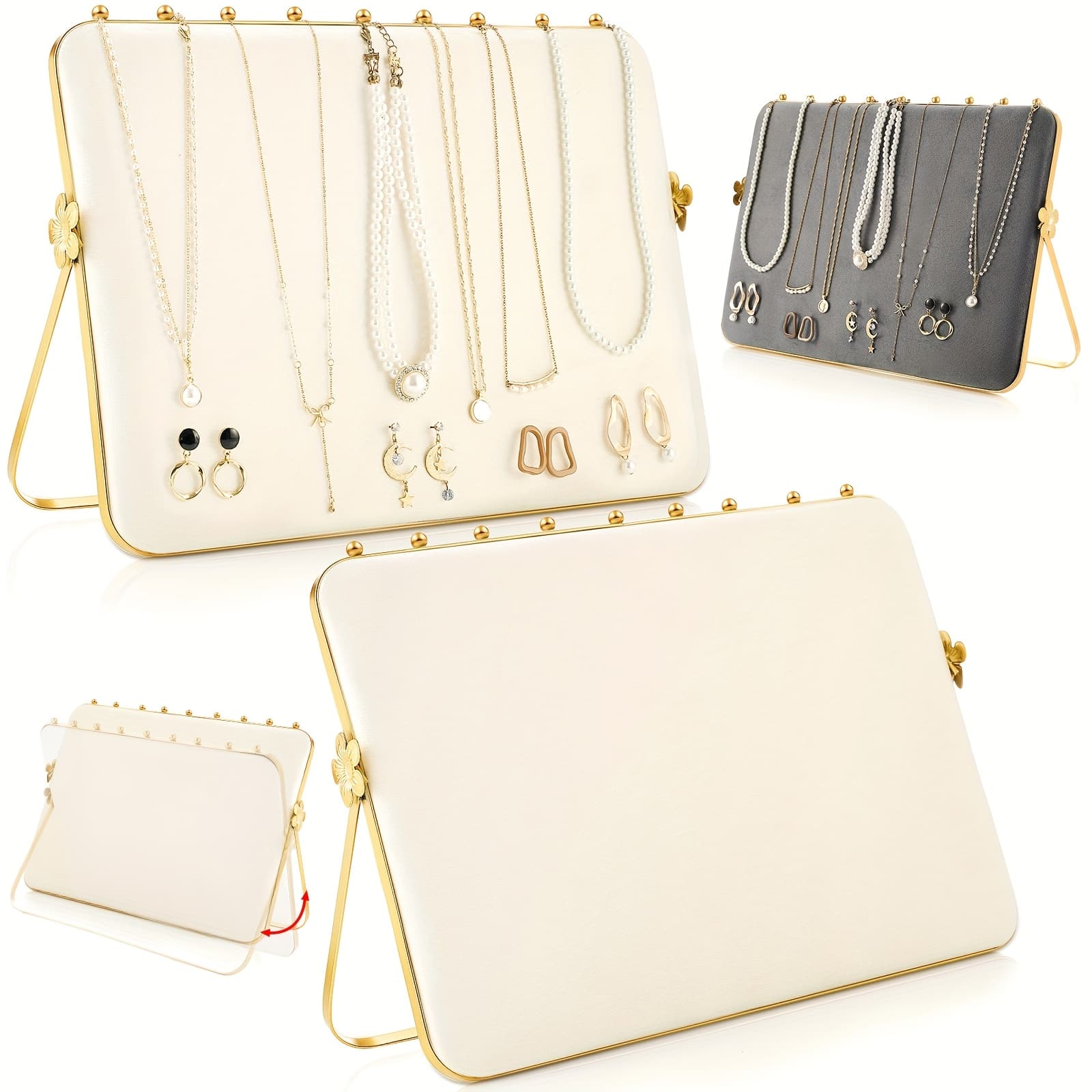 TEMU 2 Pack Necklace Display Stand For Selling Double-sided Velvet Necklace Organizer Large Metal Chain Holder Stand Beige Grey Chain Jewelry Display For Vendor Exhibidores,