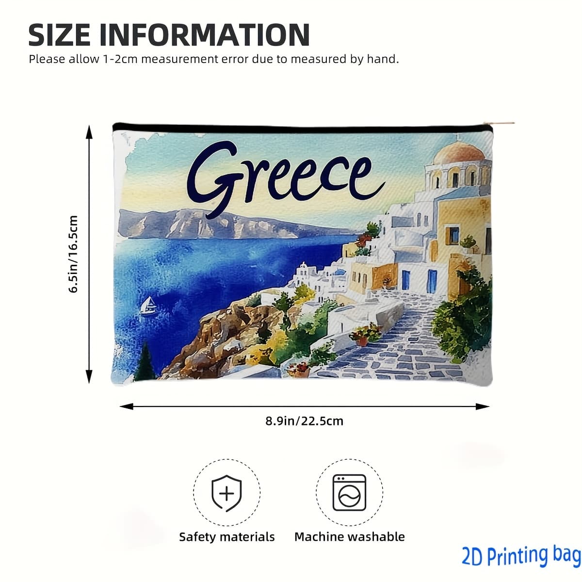 TEMU 1pc Greece Watercolor Cosmetic Bag - Blue White Yellow & Design, Durable Polyester Travel Toiletry Pouch For Souvenirs, Home Decor, Gift , Bathroom Travel Bag, Scenic Postcard Print