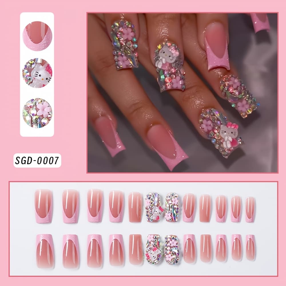 TEMU Cute Hello Kitty Press On False Nail Tip, Kawaii Glossy Coffin Nude Short Press Ons Fake Nails Tips, Bling Flat Back Pearls Gems, Flase Nail With Deco For Women And