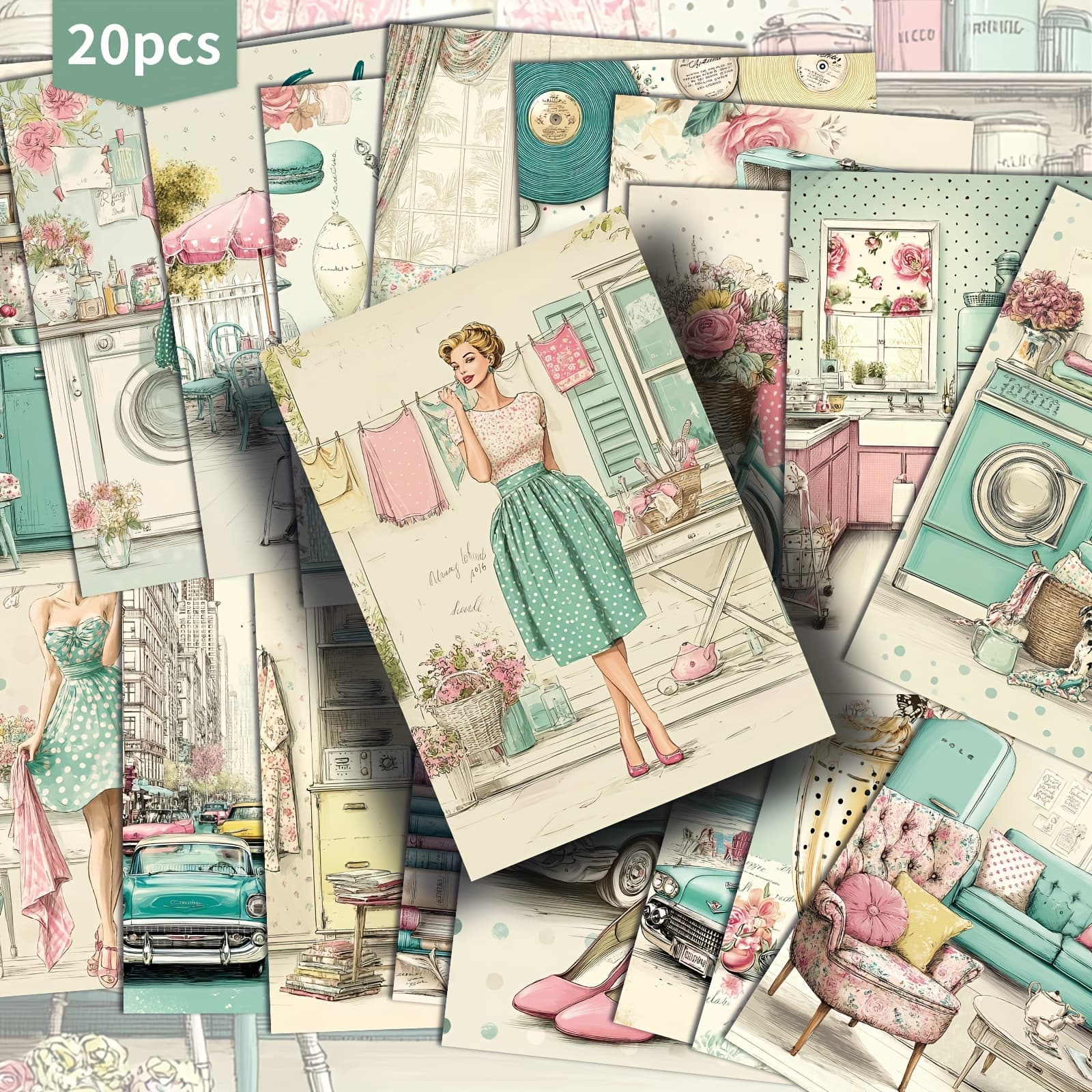 TEMU 20 Pack 1950s Stylish Paper Postcards - 4x6 Inches Vintage Junk Journal Paper, Classic Pinup Illustrations, Collectible Decorative Painting Cards For Scrapbooking & Crafting