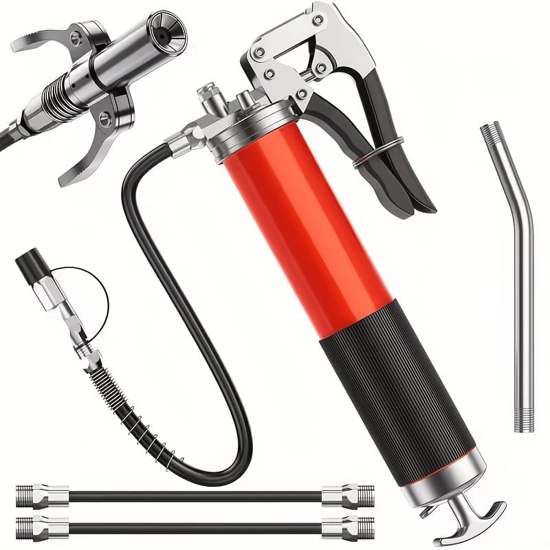 TEMU Grease Gun Kit 8000 Psi Heavy Duty Grease Gun Locking Coupler Hose 14oz Load 2 Standard Hose Reinforced Coupler Rigid Pipe Sharp Nozzle