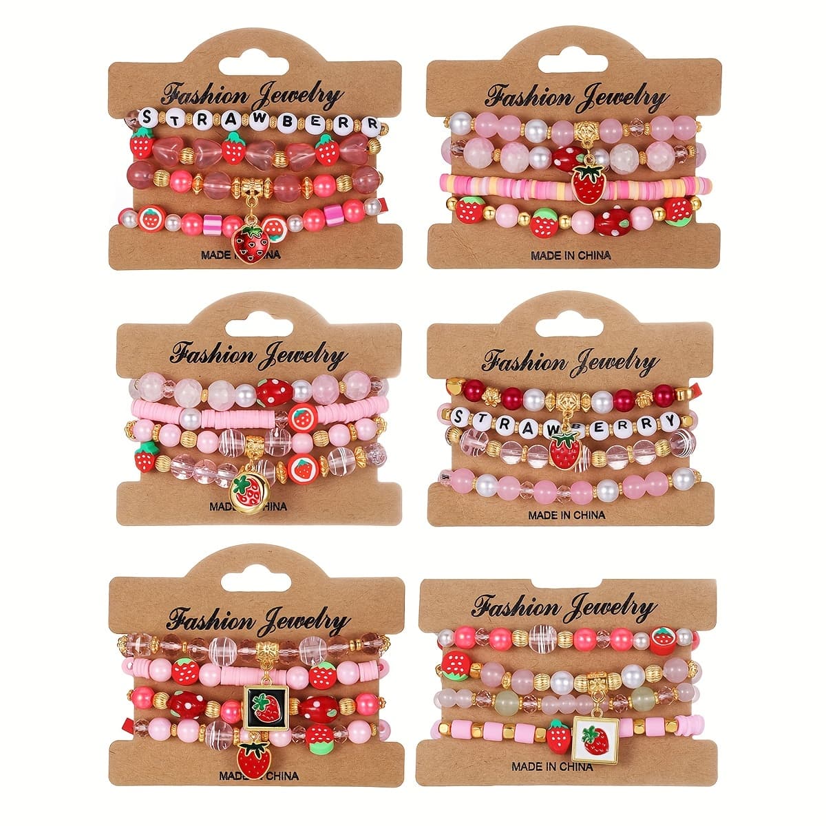 TEMU 24pcs/set, Y2k Sweet Pink Strawberry Pendant Soft Pottery Beaded Stretch Bracelet Set For Women Daily Versatile Gift Handmade Beaded