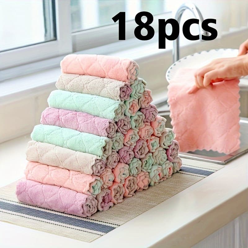 TEMU 18pcs Random Color Microfiber Dish Towels, Multipurpose Tableware Cleaning Cloth, Double-sided Reusable Cleaning Rag, Scouring Pad Household Cleaning Tool, Additions
