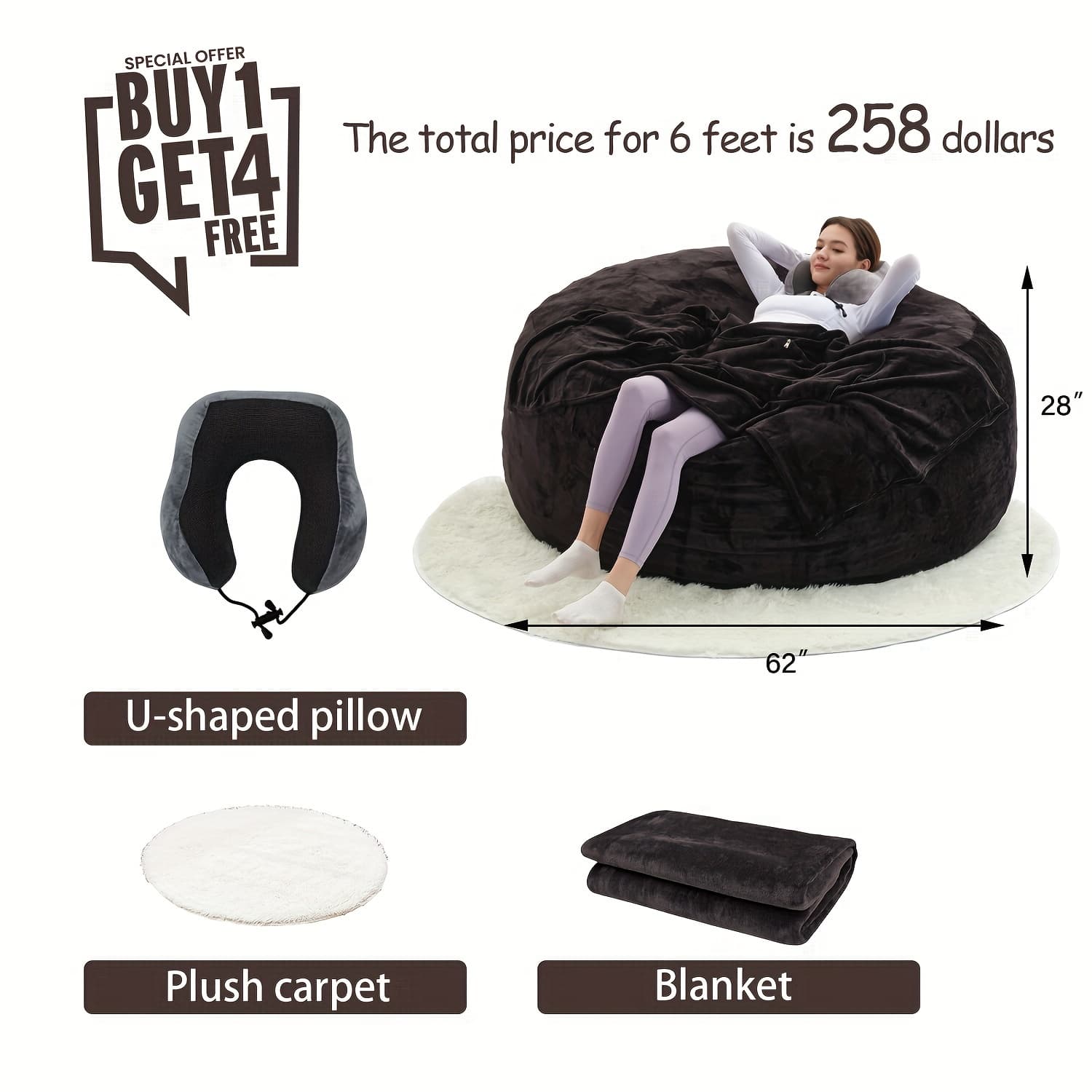 TEMU Enormous 6' Memory Foam Furniture Bean Bag (3 Gifts: U-shaped Pillow, Blanket Pillow, 6-foot Rug) - Big Sofa With Soft Microfiber Cover