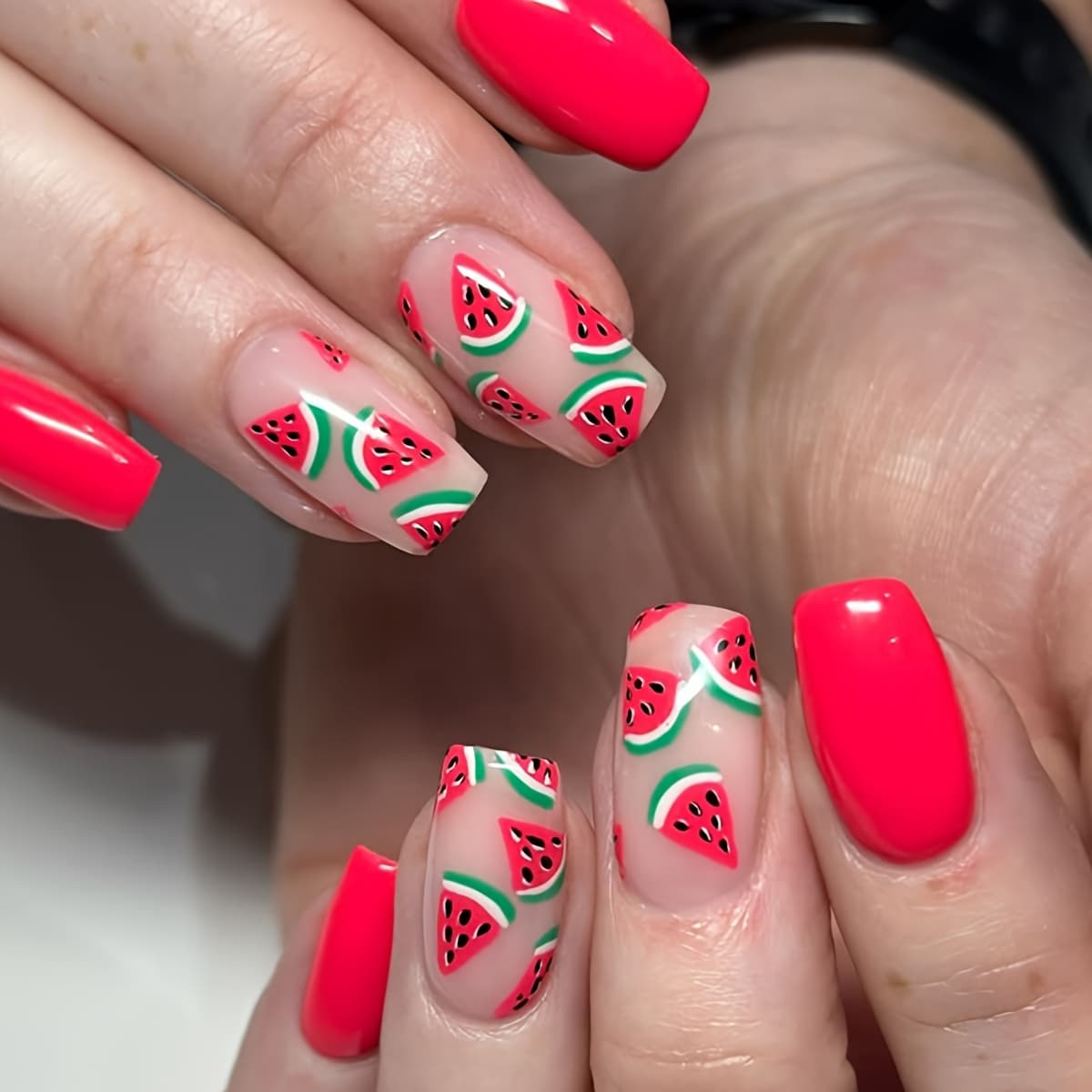 TEMU 24pcs Gorgeous Square Style Pieces, Summer Refreshing Watermelon And Other With Bright Fake Nails, Suitable For Daily Wear, With Tools