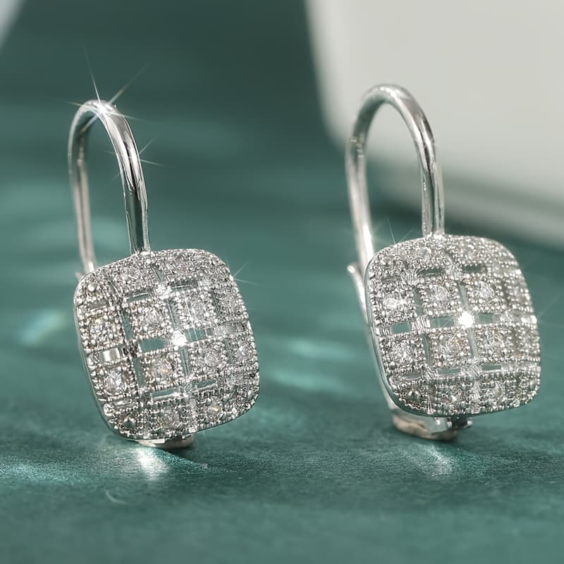 TEMU Luxurious Block Copper Material Handcrafted With White Synthetic Zirconia Earrings, Women's Hook Shaped Hoop Earrings, Classic Engagement Party Earrings