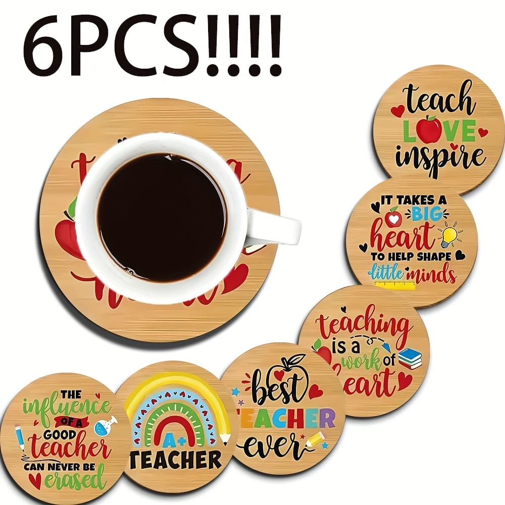 TEMU 6pcs Teacher Appreciation Day Coasters - For Teacher-student Bonding, Warm Wooden Drink Mats, Heat-resistant And Non-slip, Ideal For Home, Kitchen, Or Office Decor - Festive Party Accessories
