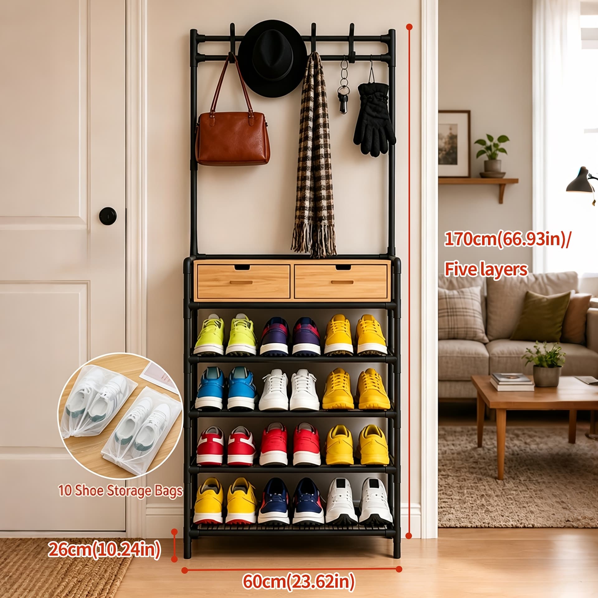 TEMU 5-tier & 3-tier Multifunctional Storage Rack, Entryway Organizer For Shoes & Hats, Ideal For Home, Living Room, Dorm, With 10 White Shoe Storage Bags Included