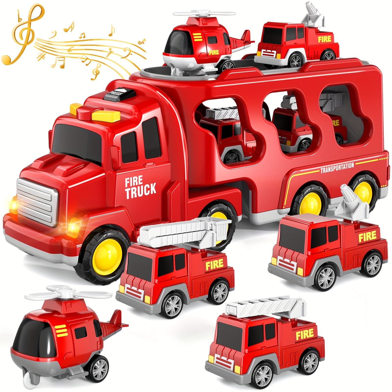 TEMU Fire Truck Toy Kit 5in 1 Carrier Fire Trucks Cars For Boy Toys Birthday, Car Trucks Friction Power Toys With Light Sound
