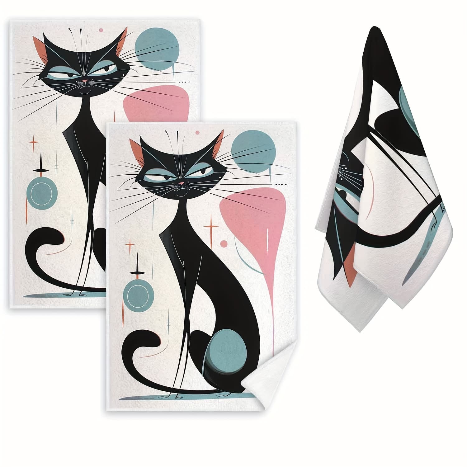 TEMU Contemporary Cat Pattern Dish Cloths - 2 Pack, Quick-dry, Polyester Knit Fabric Towels, Machine Washable, Animal Theme Kitchen And Bathroom Supplies