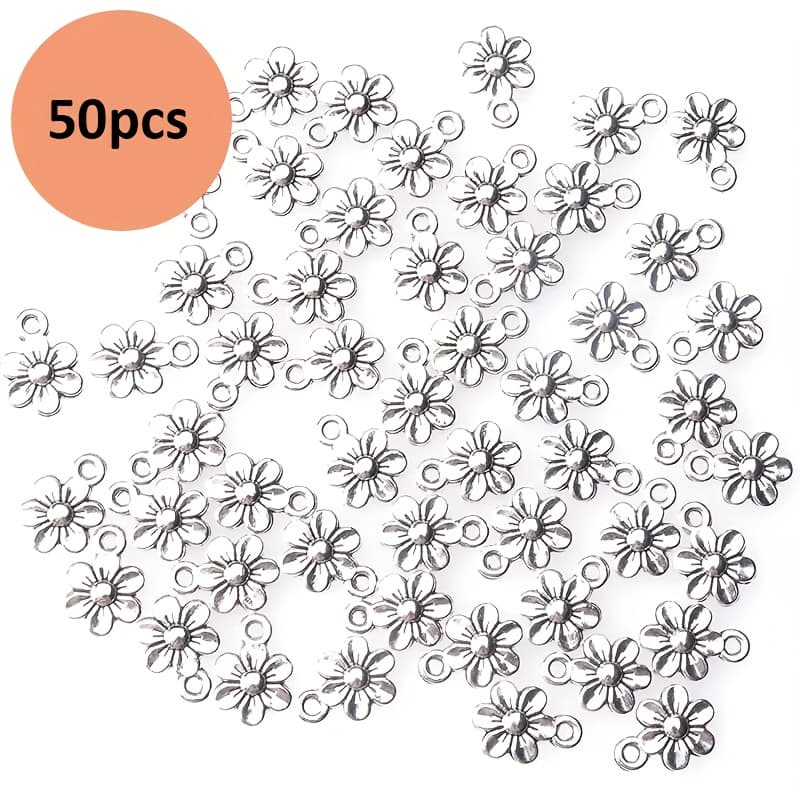 TEMU 50pcs Charms Metal Vintage Cute Vintage Small Flower Pendants For Jewelry Making Kit Bracelet Necklace Diy Making Crafting Project Accessories Supplies(silvery)