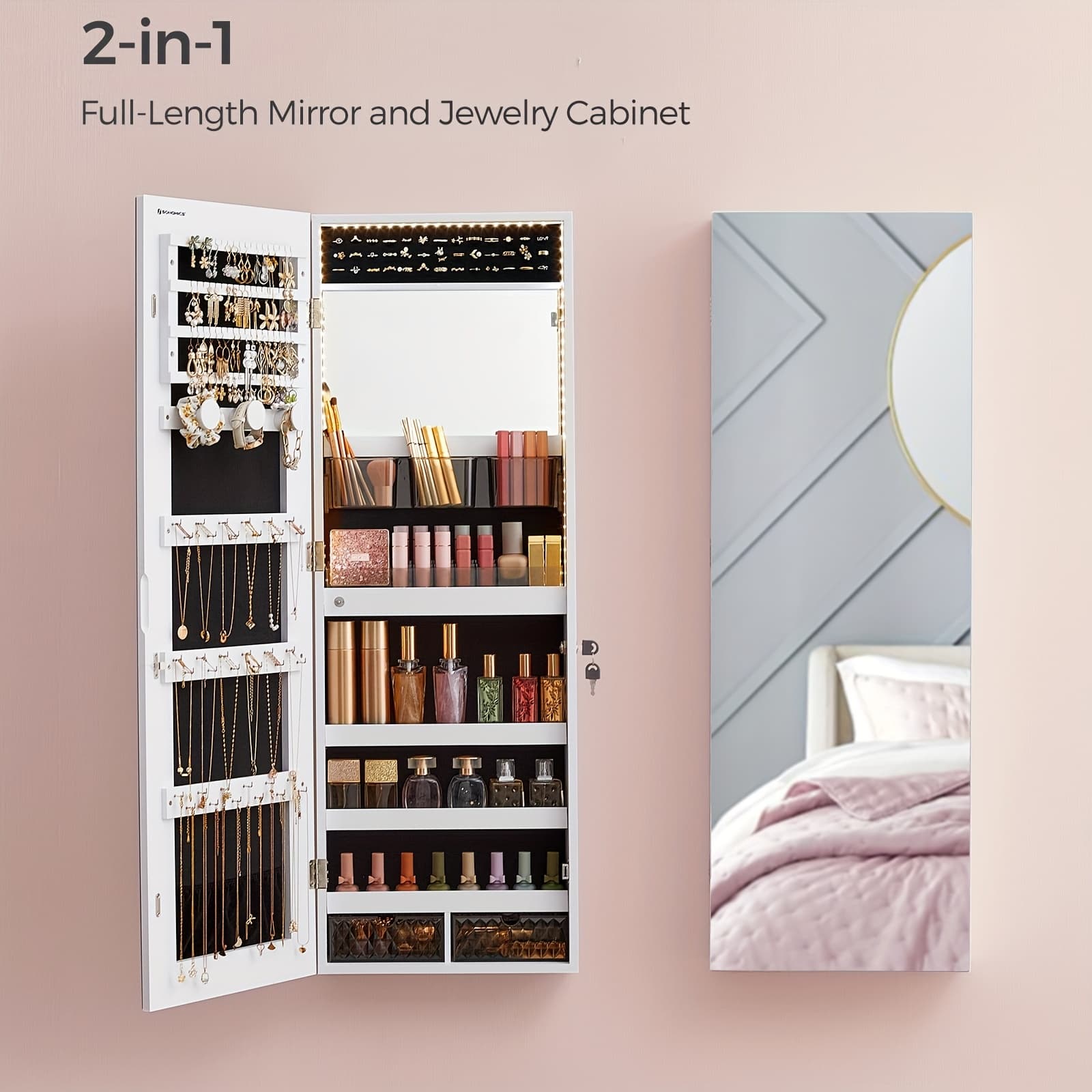 TEMU Jewelry Cabinet With Built-in Lighted Mirror, Wall Or Door Mount Storage Organizer, White, Jewelry Armoires thumbnail 2