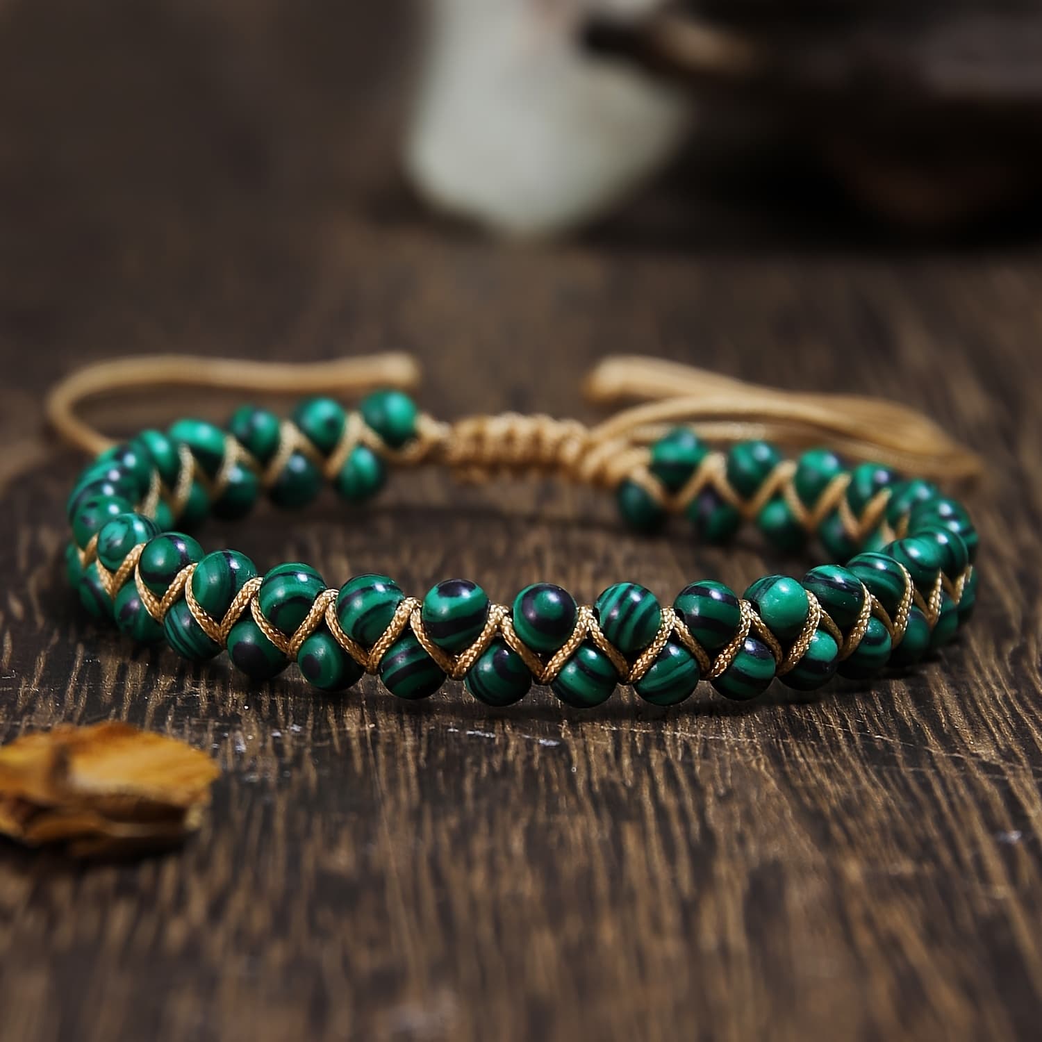 TEMU Malachite Double-layer Bracelet - Style, Braided Adjustable Design, Vintage Bohemian Jewelry | Unisex Accessory | Ideal Gift For Teacher's Day, Thanksgiving, Back-to-