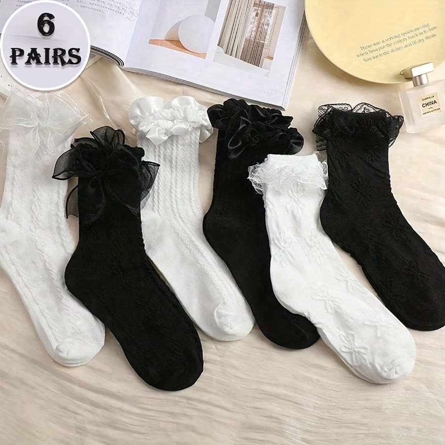 TEMU 6 Pairs Of Women's Lace Bow Mid-calf Socks, Sweet Lolita Style Style Style, Breathable And Comfortable, For Lolita Style Style Parties/daily Outfits