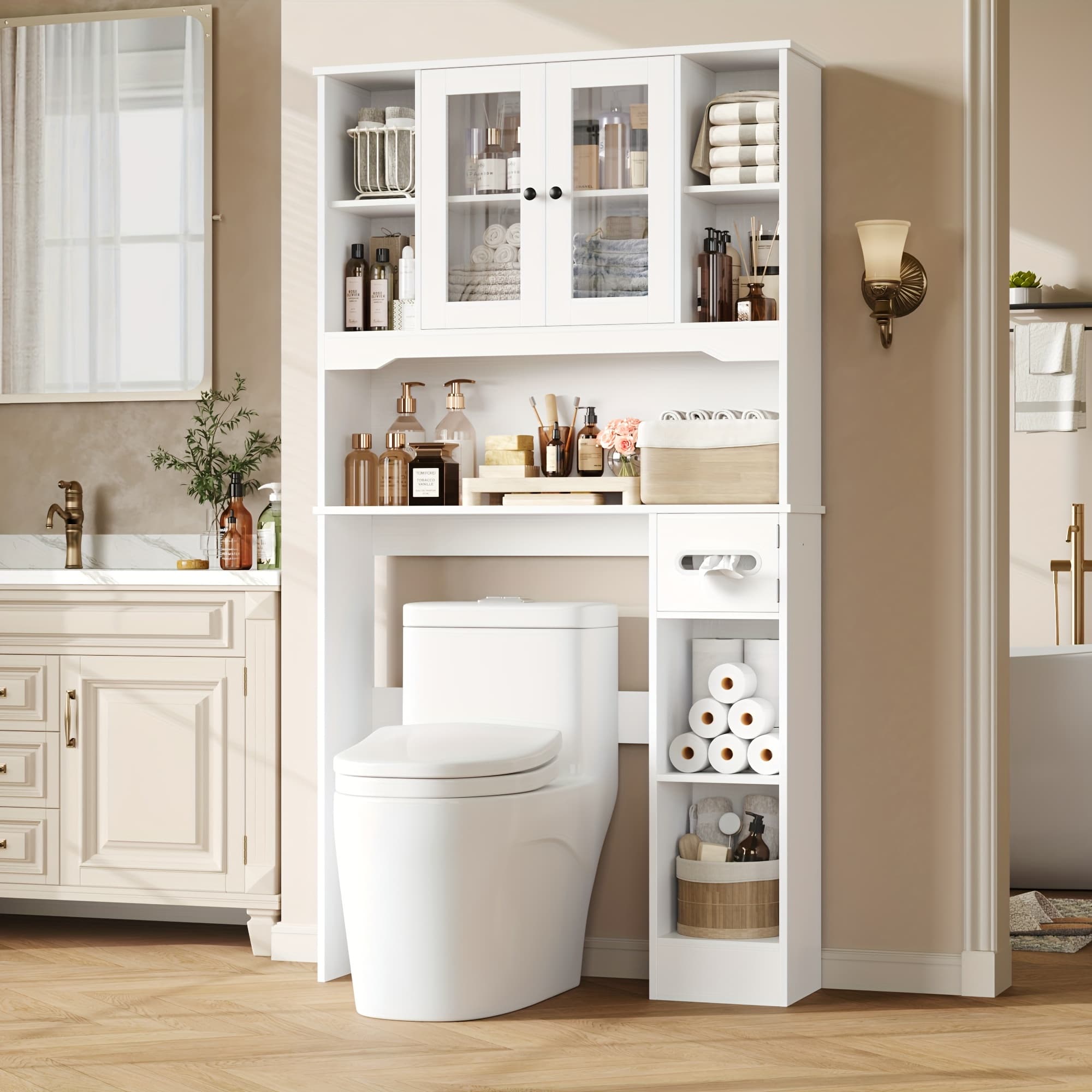 TEMU Storage Cabinet For Above The Toilet, Featuring Glass Doors And A Paper Holder, Designed As A Bathroom Shelf To In Restrooms And Laundry Areas
