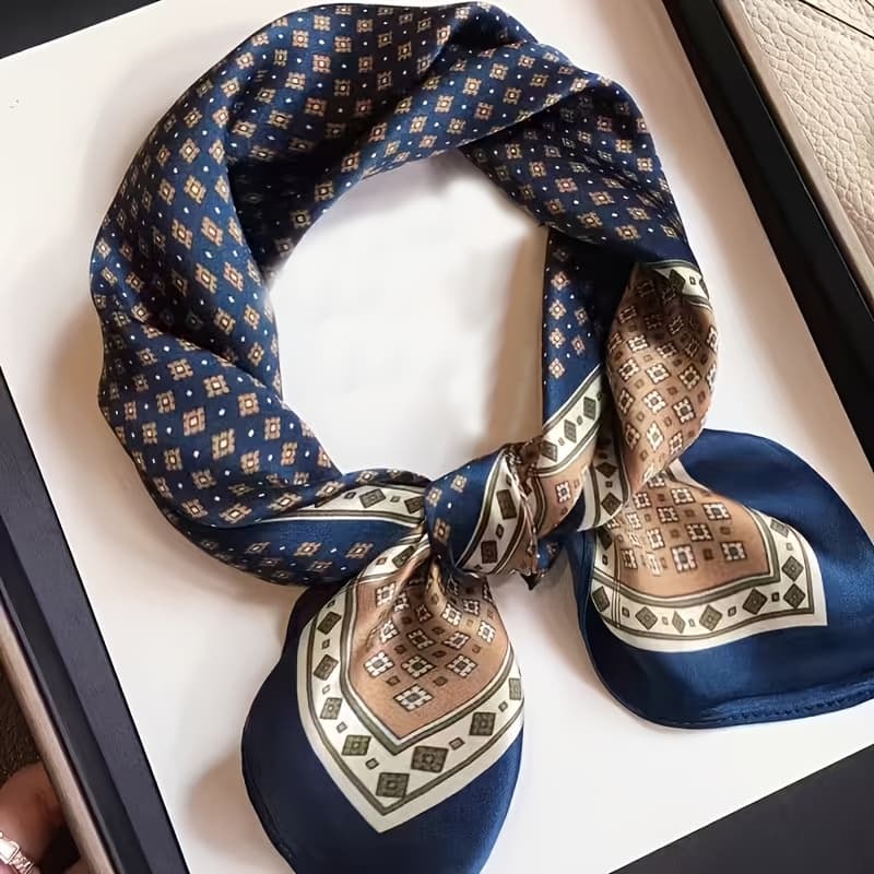 TEMU Elegant Classic Navy Square Scarf Suitable For - Soft Smooth Satin, Breathable Windproof Square For Beachwear, Parties & Wear - Decorative Non-stretch Scarf