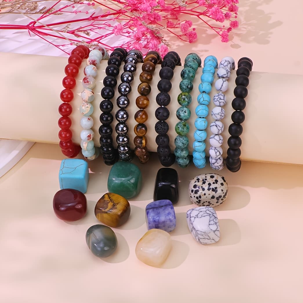TEMU 20 Natural Stone Beads With Elastic Hand Chain For Polished Stone Lovers - Collect Natural Mineral Stones - 10 Stone Bead Bracelets For Women To Daily Wear