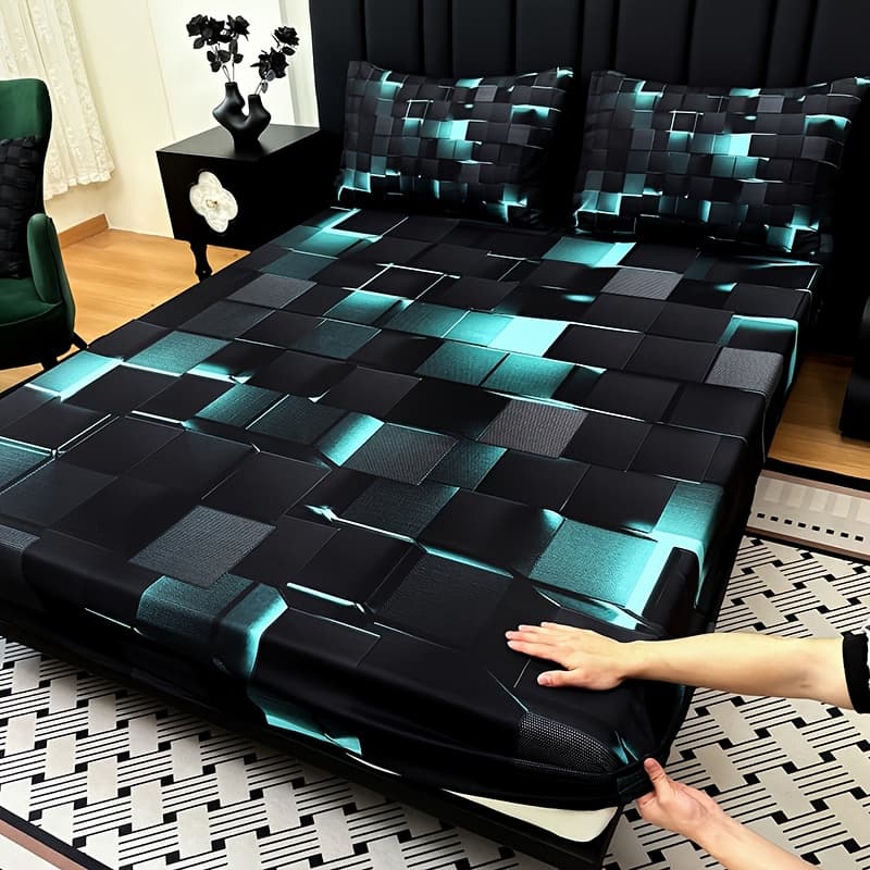 TEMU 3pcs Modern & Teal Fitted Sheet Set With Deep Pocket - Mattress Protector, Machine Washable, 15 Inch Deep Pocket, 120gsm Heavyweight Fabric