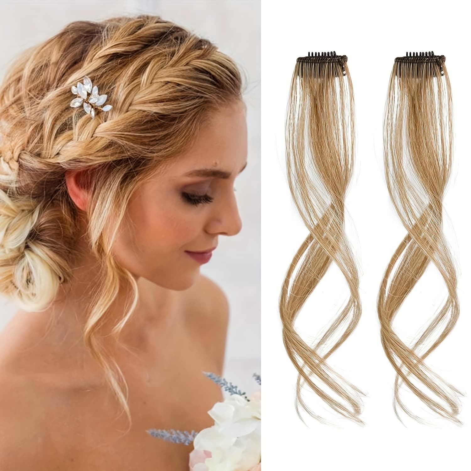 TEMU 2pcs Set Clip-in Long Temporal/bangs Hair Extensions For Women - Light Blonde Wavy Curly Front Side Bangs, Volume & Length Add-ons For Short Hair, Daily Use Clip Ins (no)