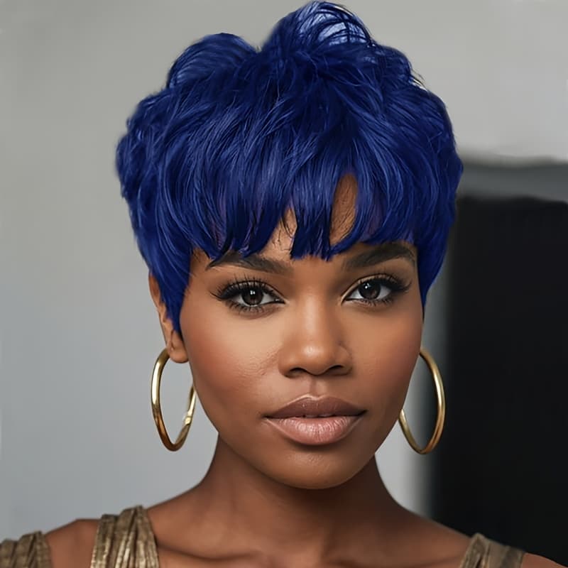TEMU Women' Short Wavy Synthetic Hair Wig With Bangs - Blue Hair Color (lighten/) | -looking | Comfortable For, Daily Wear & | Maintenance