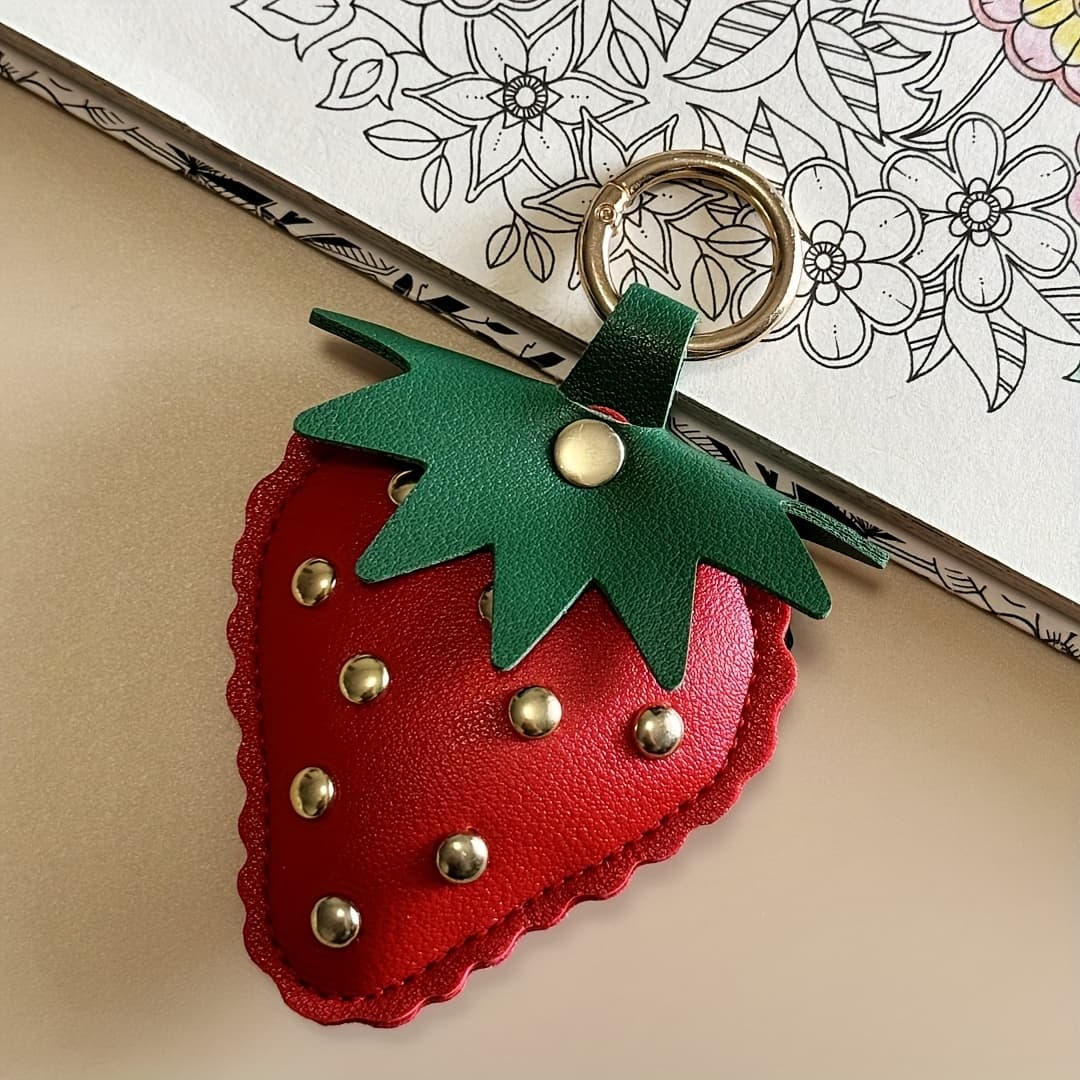 TEMU An Elegant Strawberry Keychain Made Of Faux Leather, Featuring A Studded Design, Suitable For Bag Decorations And Car Key Additions, Making It An Ideal Gift For Women