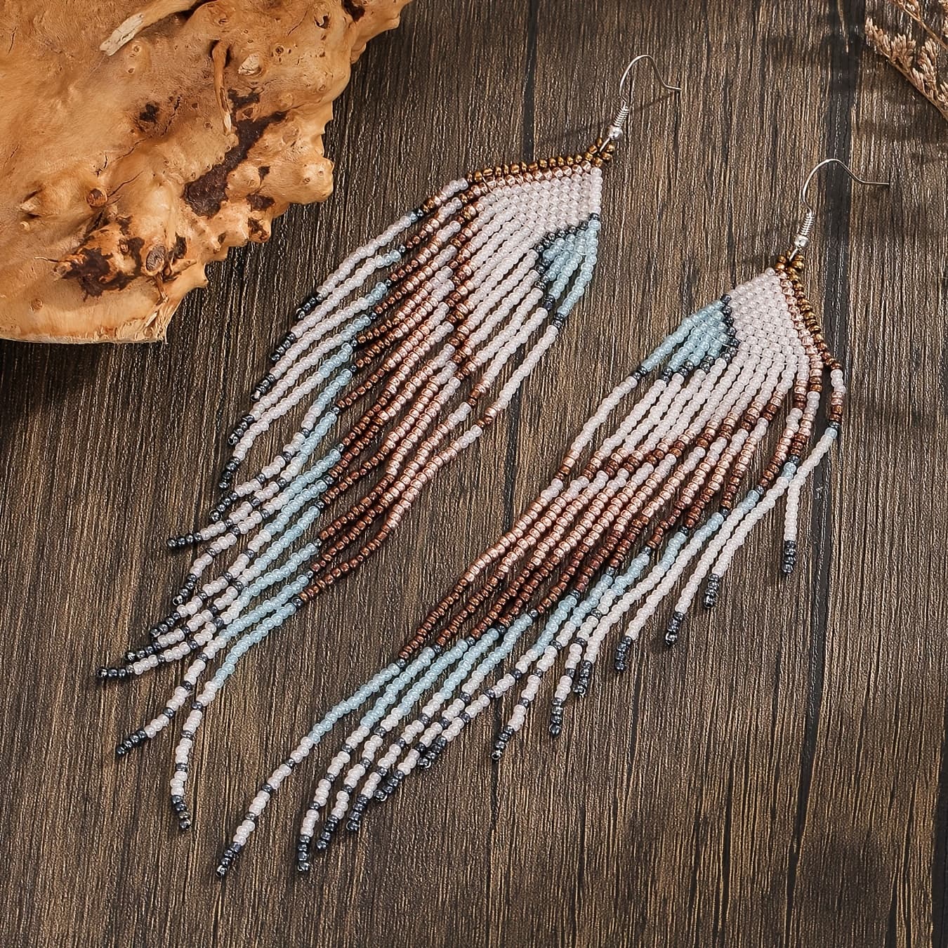 TEMU Boho-chic Blue Heart & Wing Beaded Dangle Earrings - Handcrafted Glass Rice Beads, Casual Attire & Gifting
