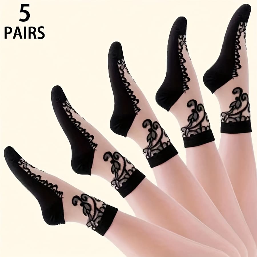 TEMU A Set Of 5 Pairs Of Elegant And Women's Mid-calf Socks, Featuring Stylish And Delicate Black Lace With Transparent Mesh, Perfect For Summer With Their Lightweight And Breathable Design